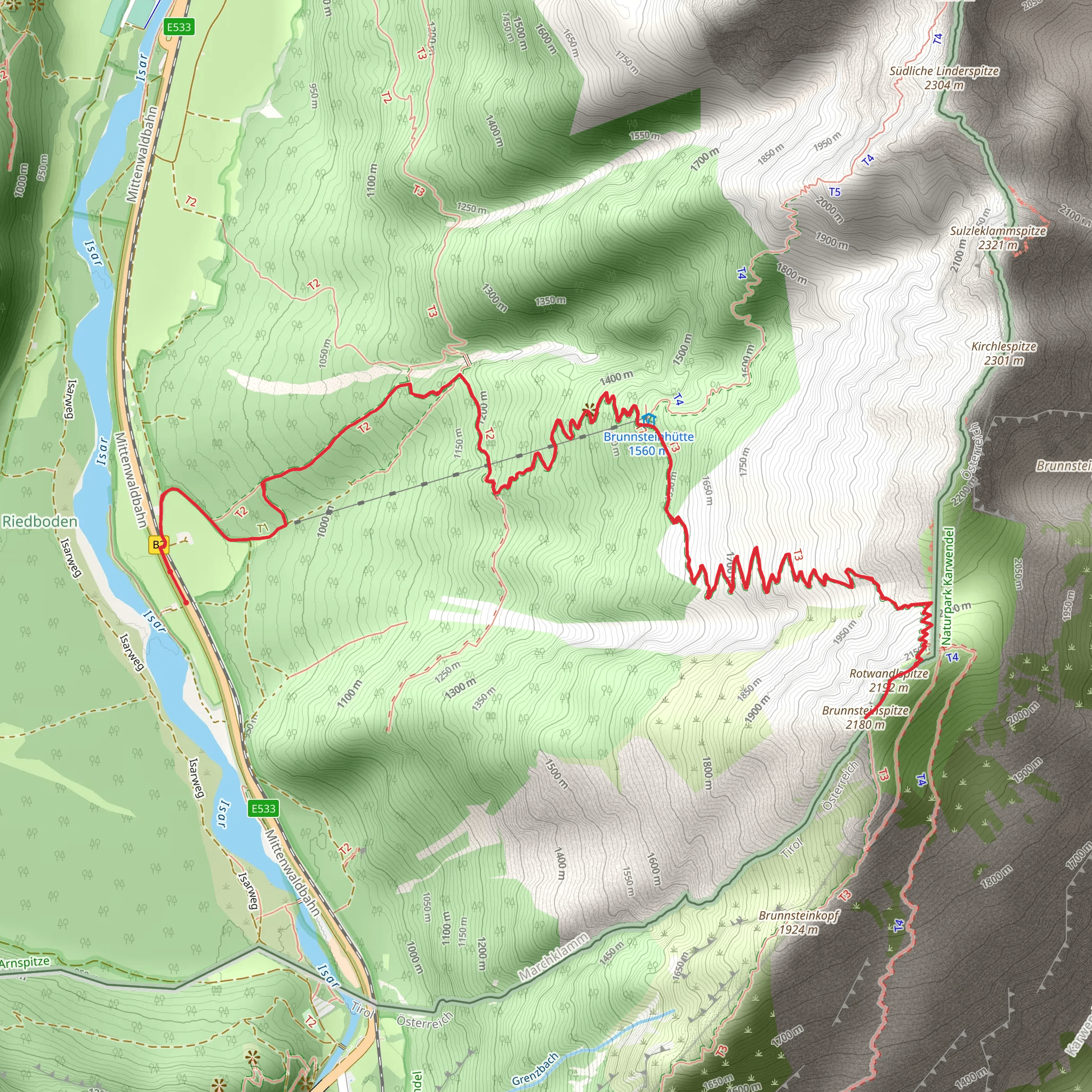 Rotwandlspitze and Brunnsteinspitze via Brunnsteinsteig mobile static map