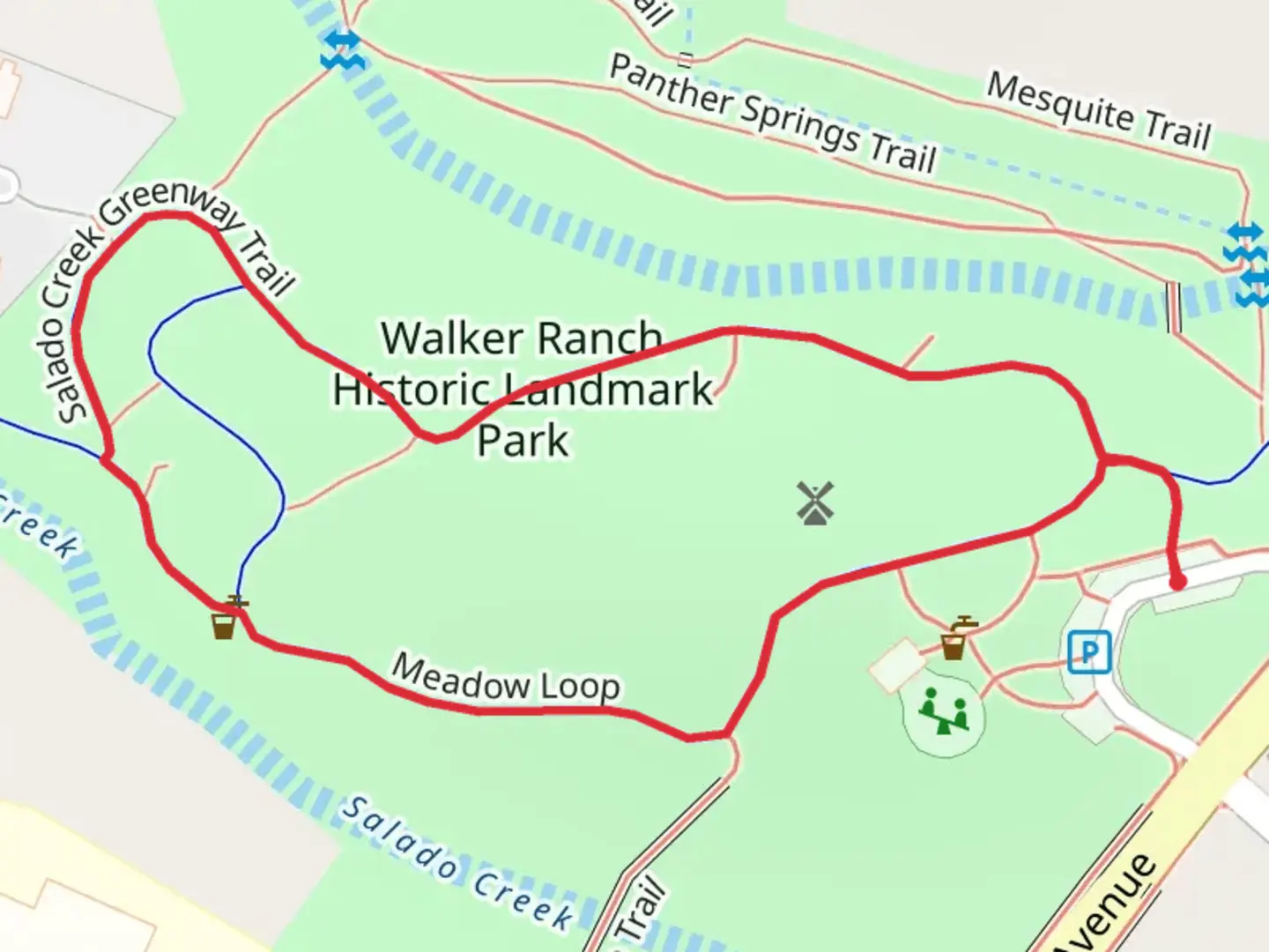 An image depicting the trail Salado Creek Greenway Loop Trail and its surrounding area.