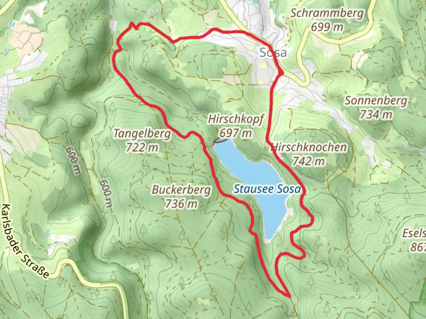 An image depicting the trail Stausee Sosa via Talsperren Rundweg and its surrounding area.