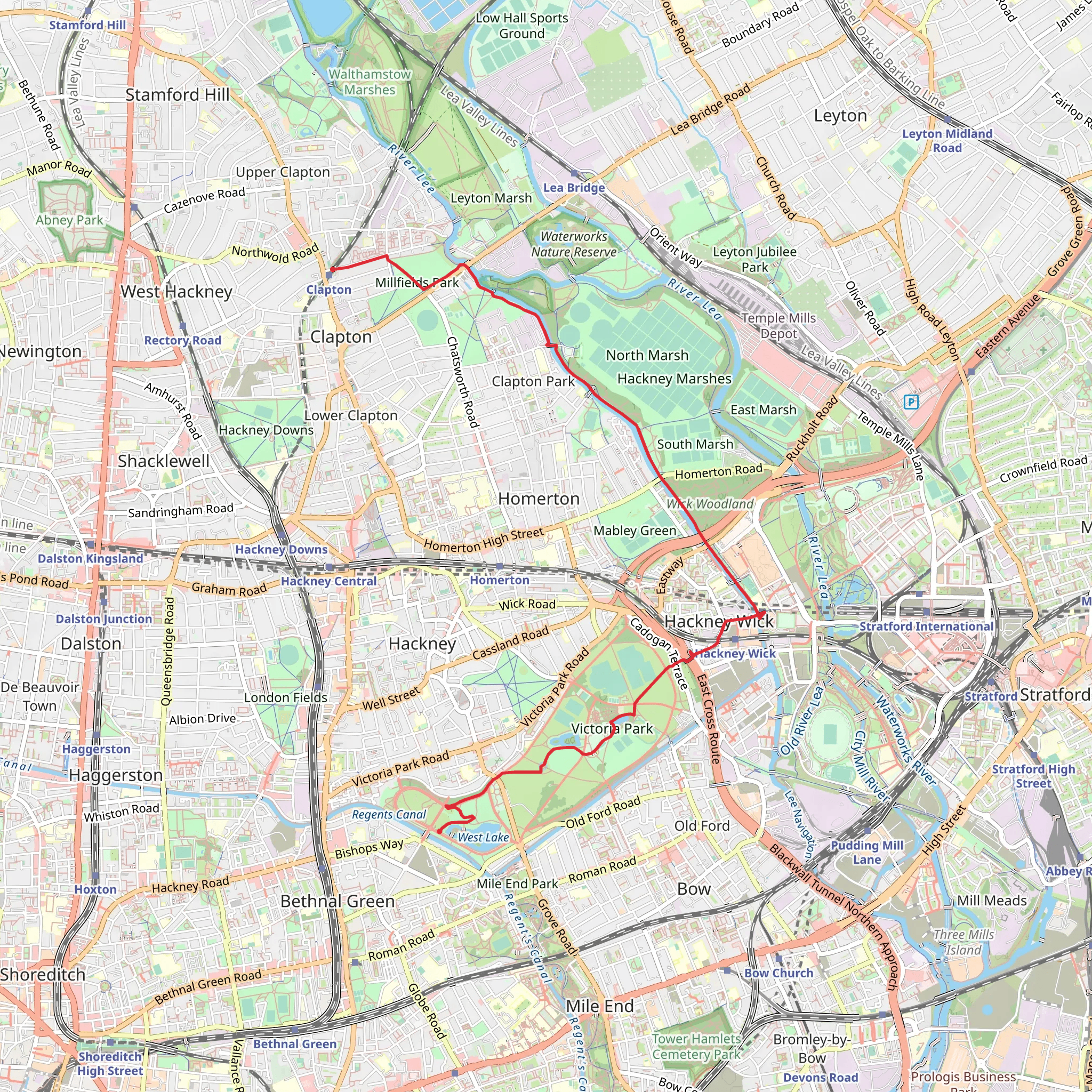 Millfields Park, river Lee Navigation, Victoria Park and Sunken Garden Walk mobile static map