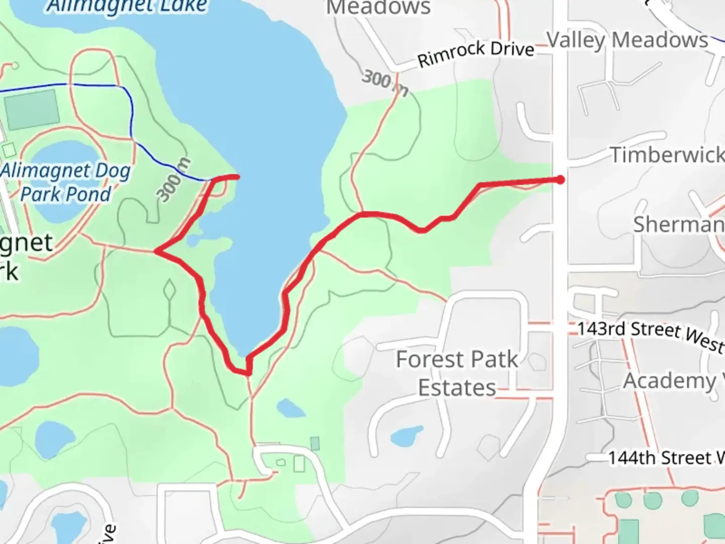 An image depicting the trail Alimagnet Lake South Shore Walk and its surrounding area.
