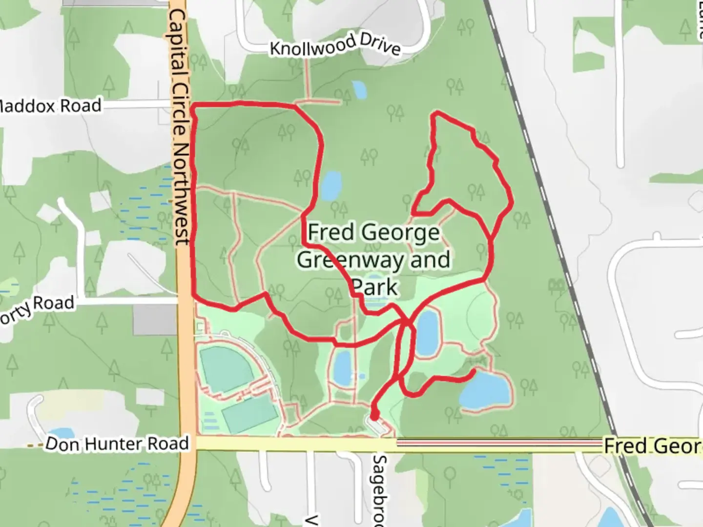 An image depicting the trail Fred George Greenway and Park Loop and its surrounding area.