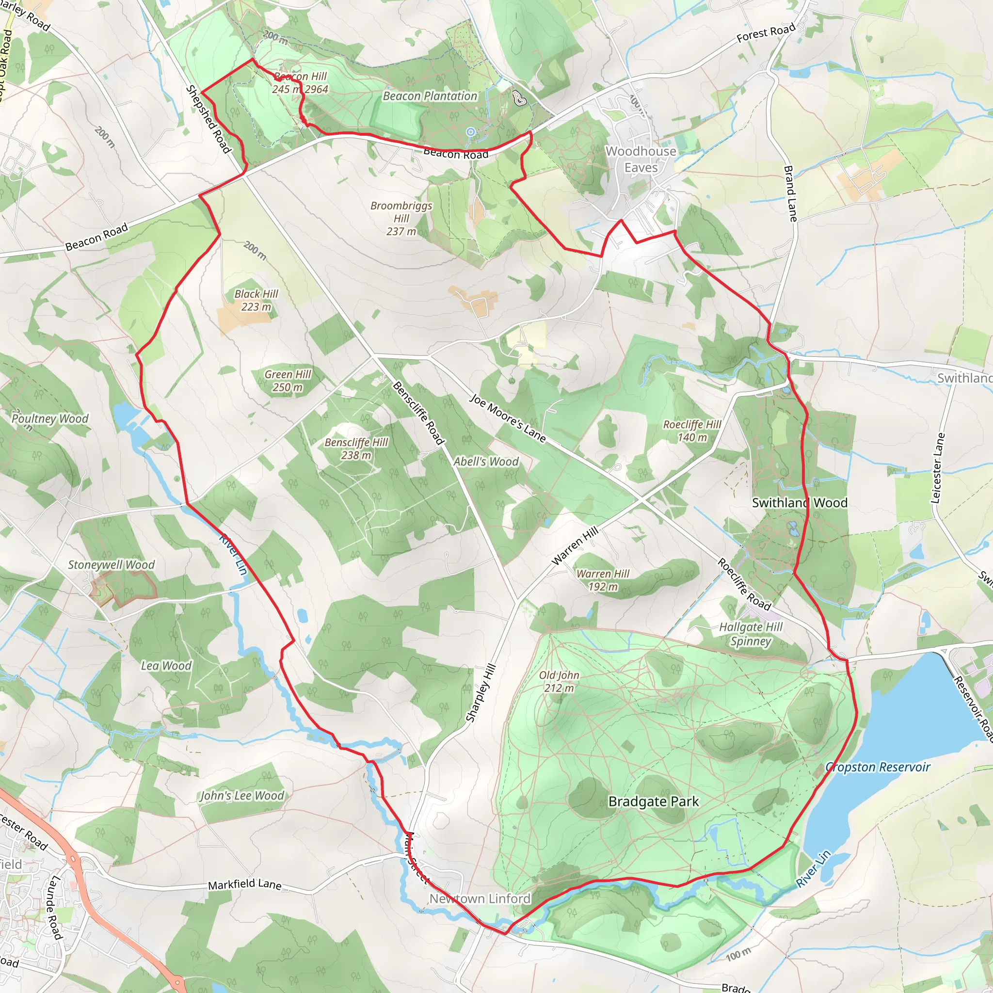 Beacon Hill, River Linn and Swithland Wood Loop mobile static map