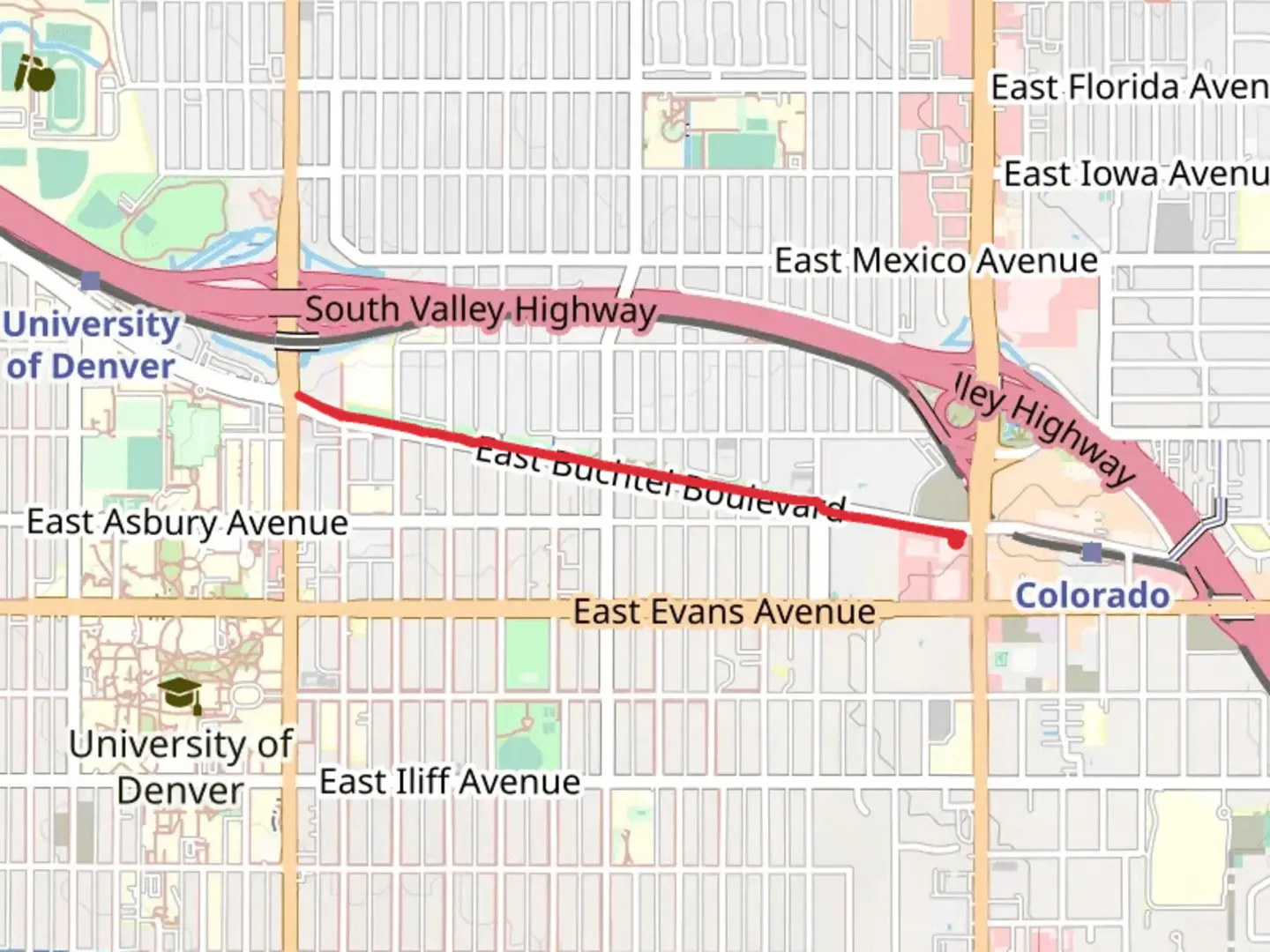 An image depicting the trail Historic Buchtel Boulevard Trail - Colorado Station and its surrounding area.