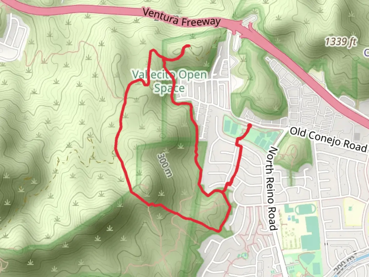 An image depicting the trail Conejo Open Space Trail and Index Finger Loop Trail and its surrounding area.