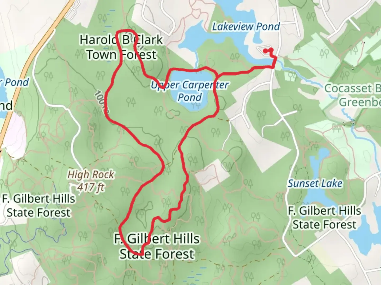 An image depicting the trail Upper Carpenter Pond via Warner Trail and its surrounding area.