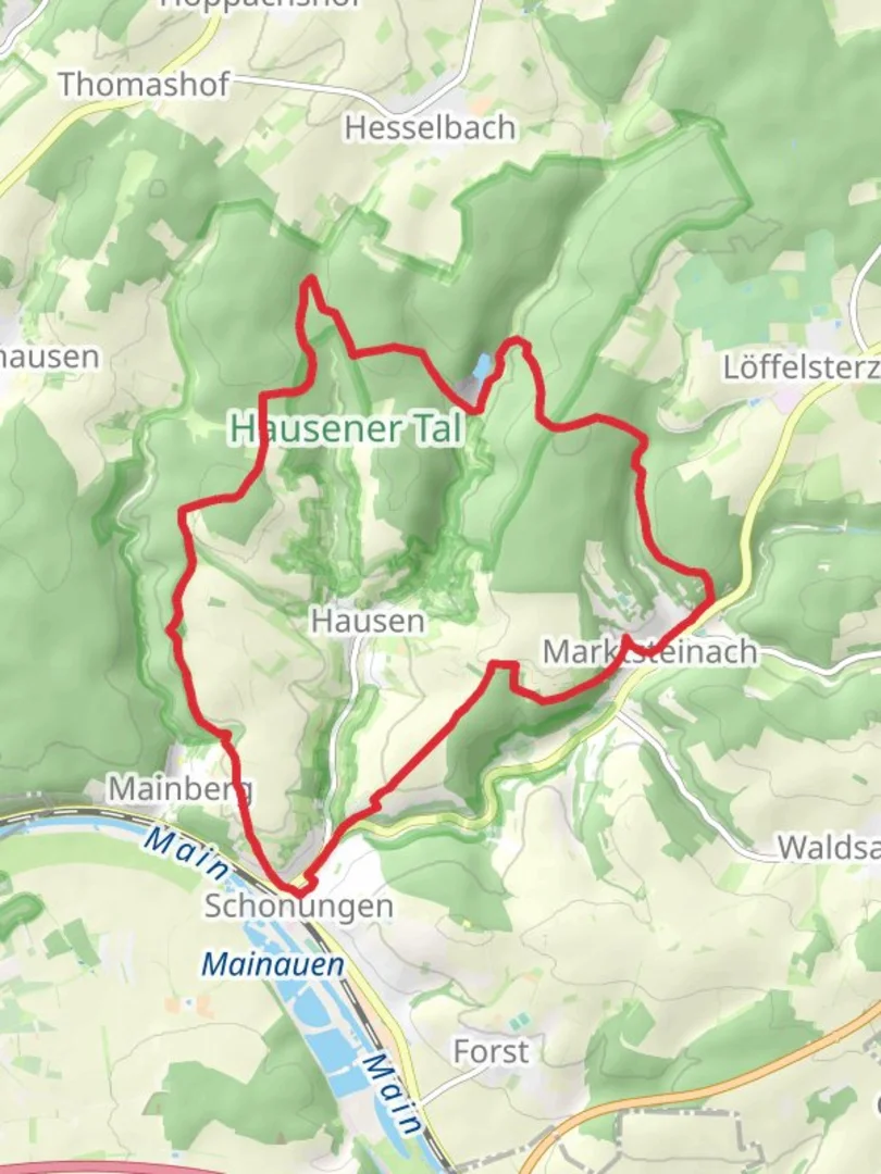 An image depicting the trail Schonungen and Hausener Talhange Loop and its surrounding area.