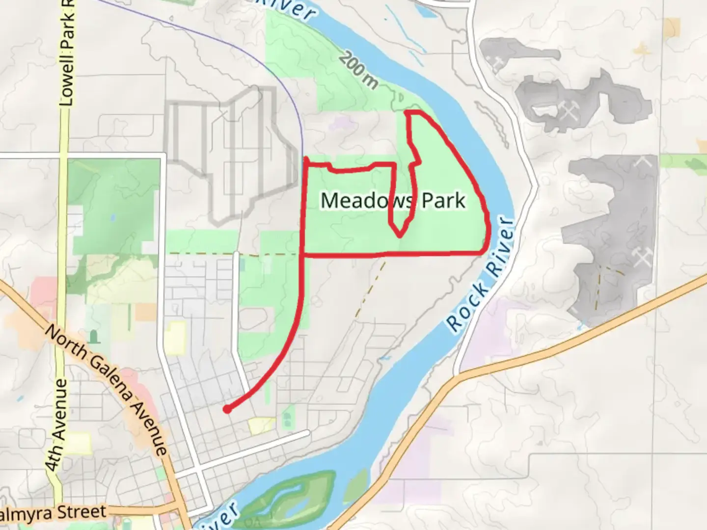An image depicting the trail Meadows Park - Lowell Parkway Loop and its surrounding area.