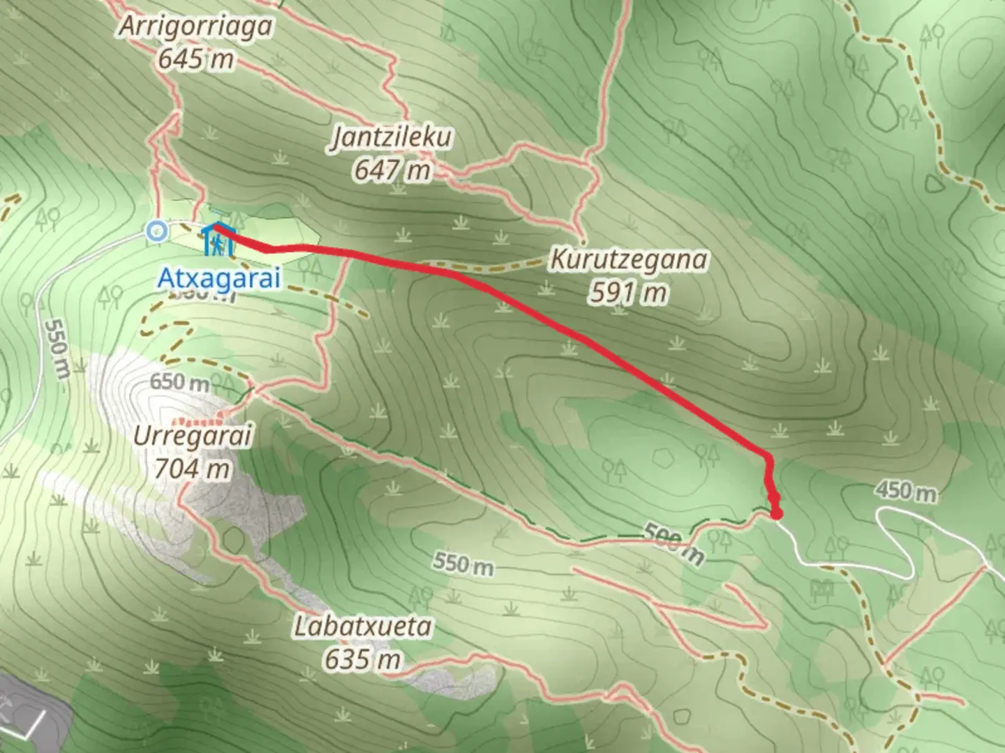 An image depicting the trail Urregaraiko Bidezidorra PR BI 27-1 and its surrounding area.