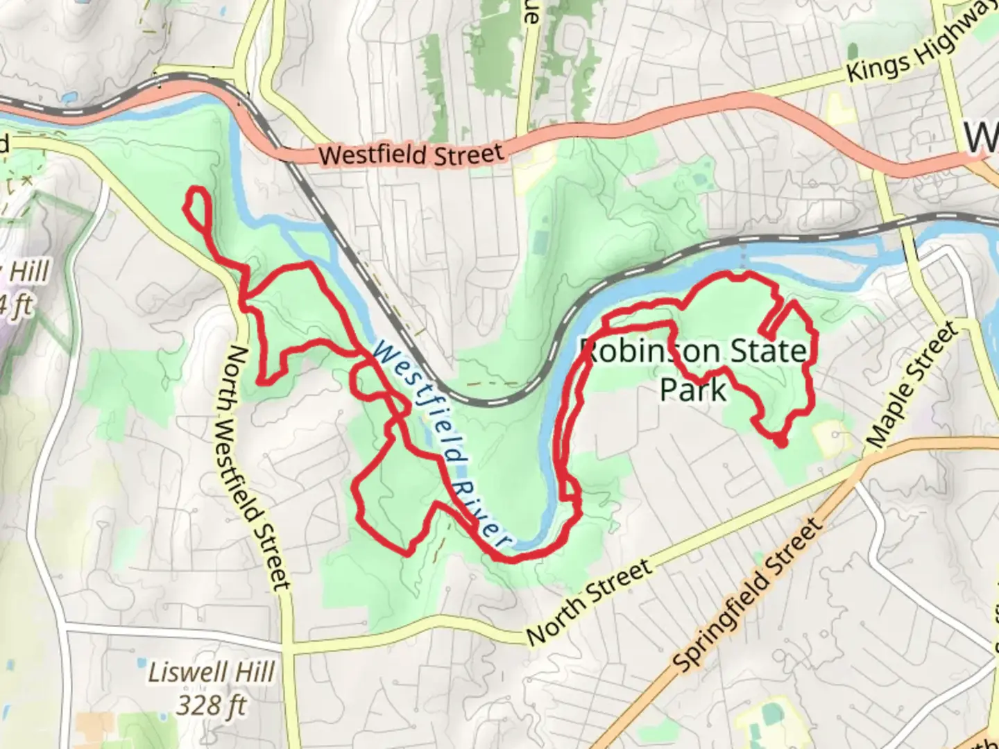 An image depicting the trail Westfield River Reservoir - Robinson State Park Loop and its surrounding area.