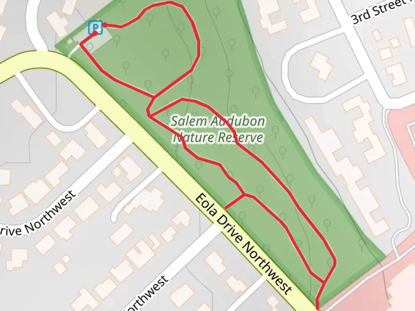 An image depicting the trail Salem Audubon Nature Reserve Loop and its surrounding area.