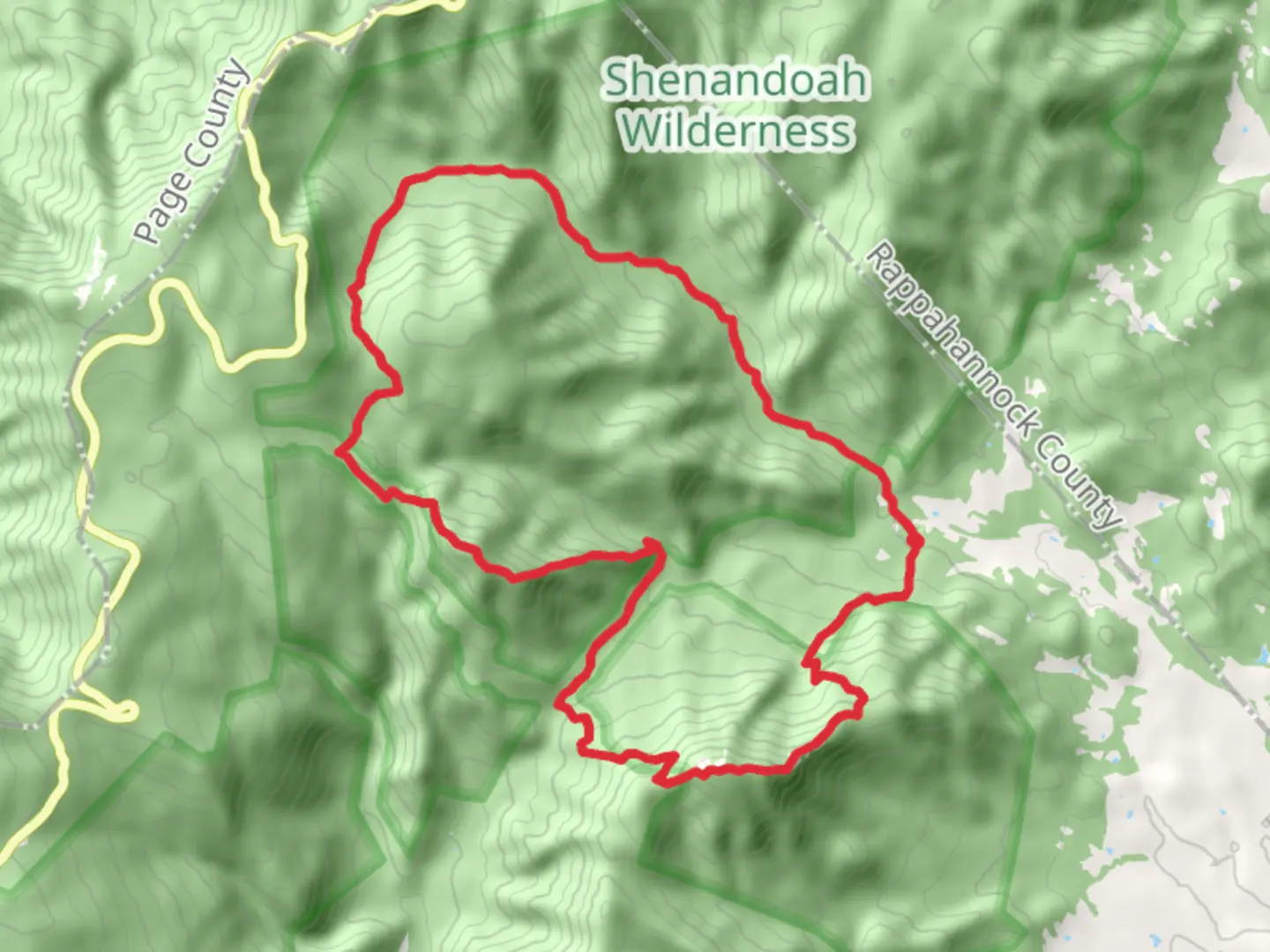 An image depicting the trail Old Rag Mountain, Robertson Mountain via Indian Run Trail and Nicholson Hollow Loop Trail and its surrounding area.