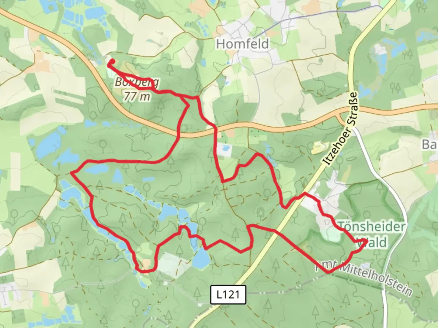 An image depicting the trail Boxberg via Wanderroute Waldhuetten and its surrounding area.