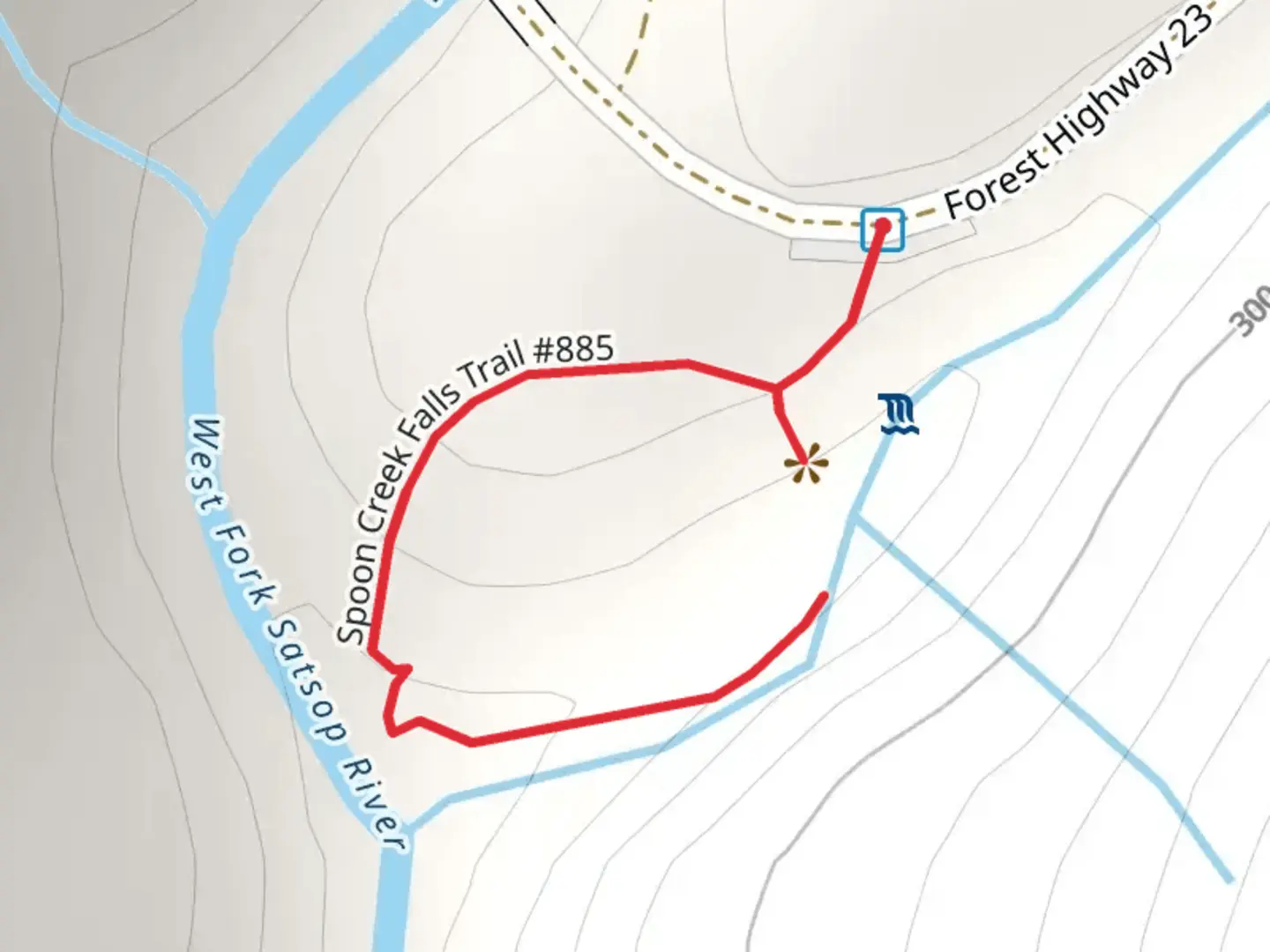 An image depicting the trail Spoon Creek Falls Trail and its surrounding area.