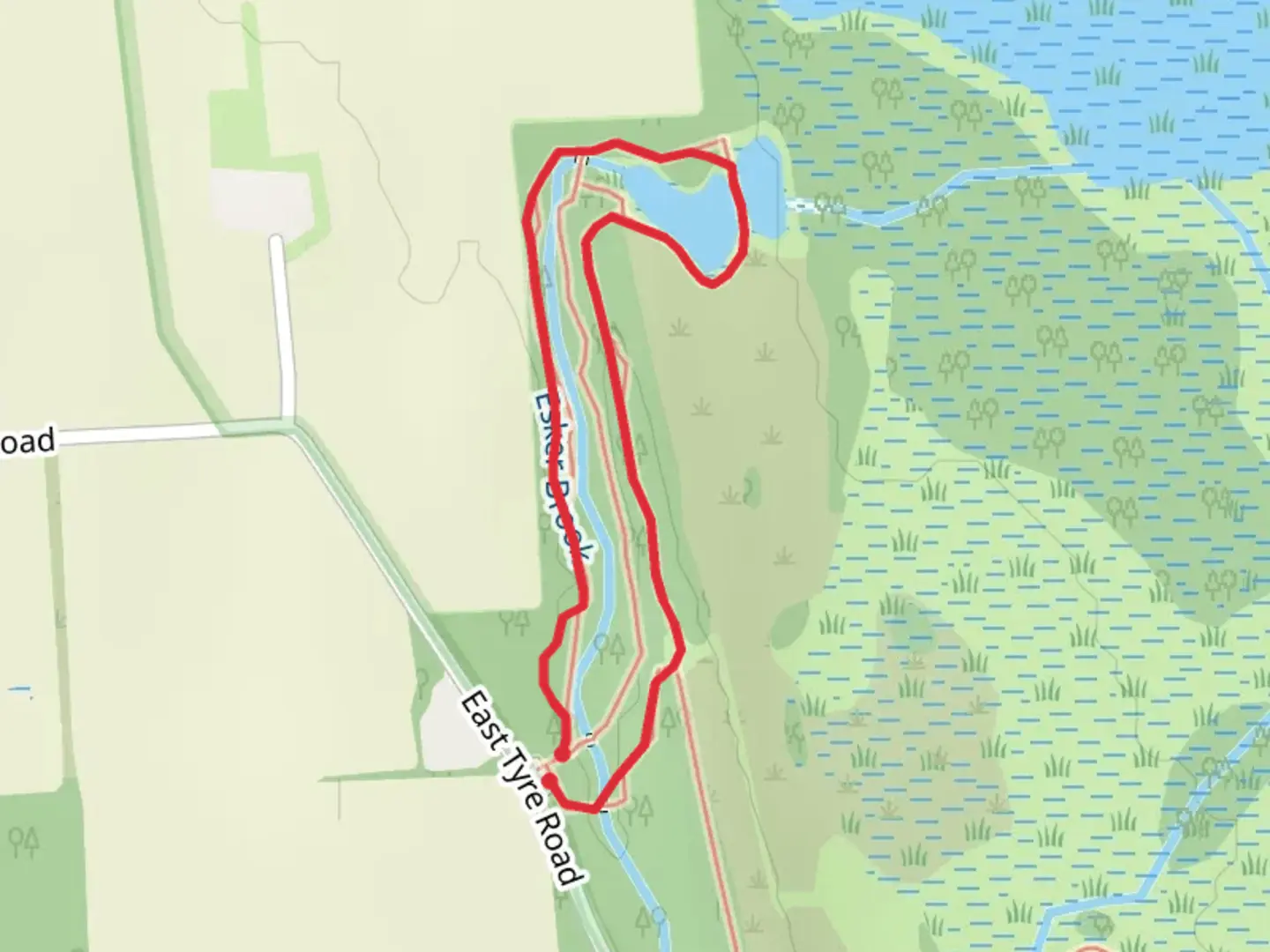 An image depicting the trail South Spring Pool Trail from East Tyre Road and its surrounding area.