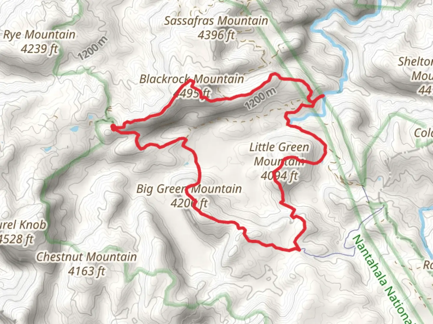 An image depicting the trail Blackrock Mountain, Little Green Mountain and Big Green Mountain Loop and its surrounding area.