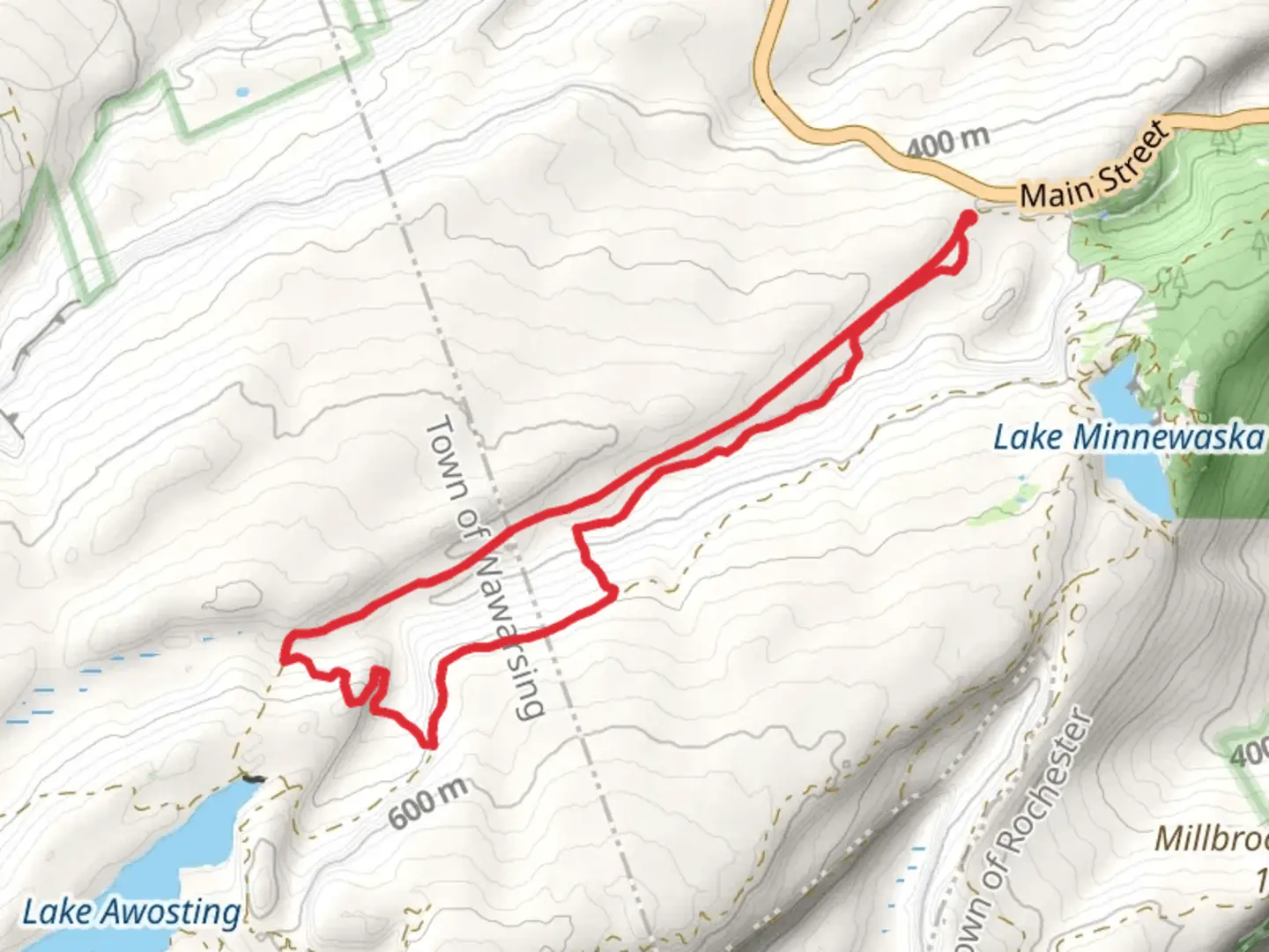 An image depicting the trail Peters Kill via Lower Awosting Carriageway and Upper Awosting Carriageway Loop and its surrounding area.