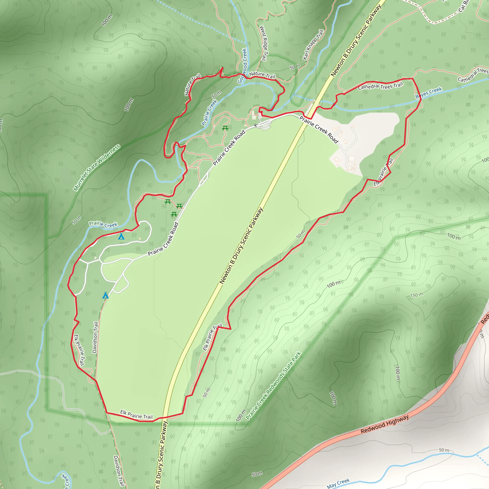 Cathedral Trees Trail and Elk Prairie Loop Trail mobile static map