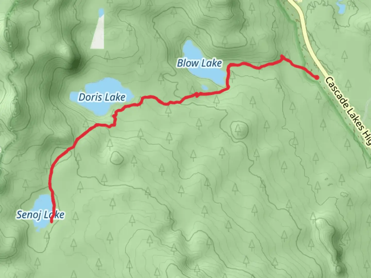 An image depicting the trail Blow Lake, Doris Lake and Senoj Lake via Six Lakes Trail and its surrounding area.