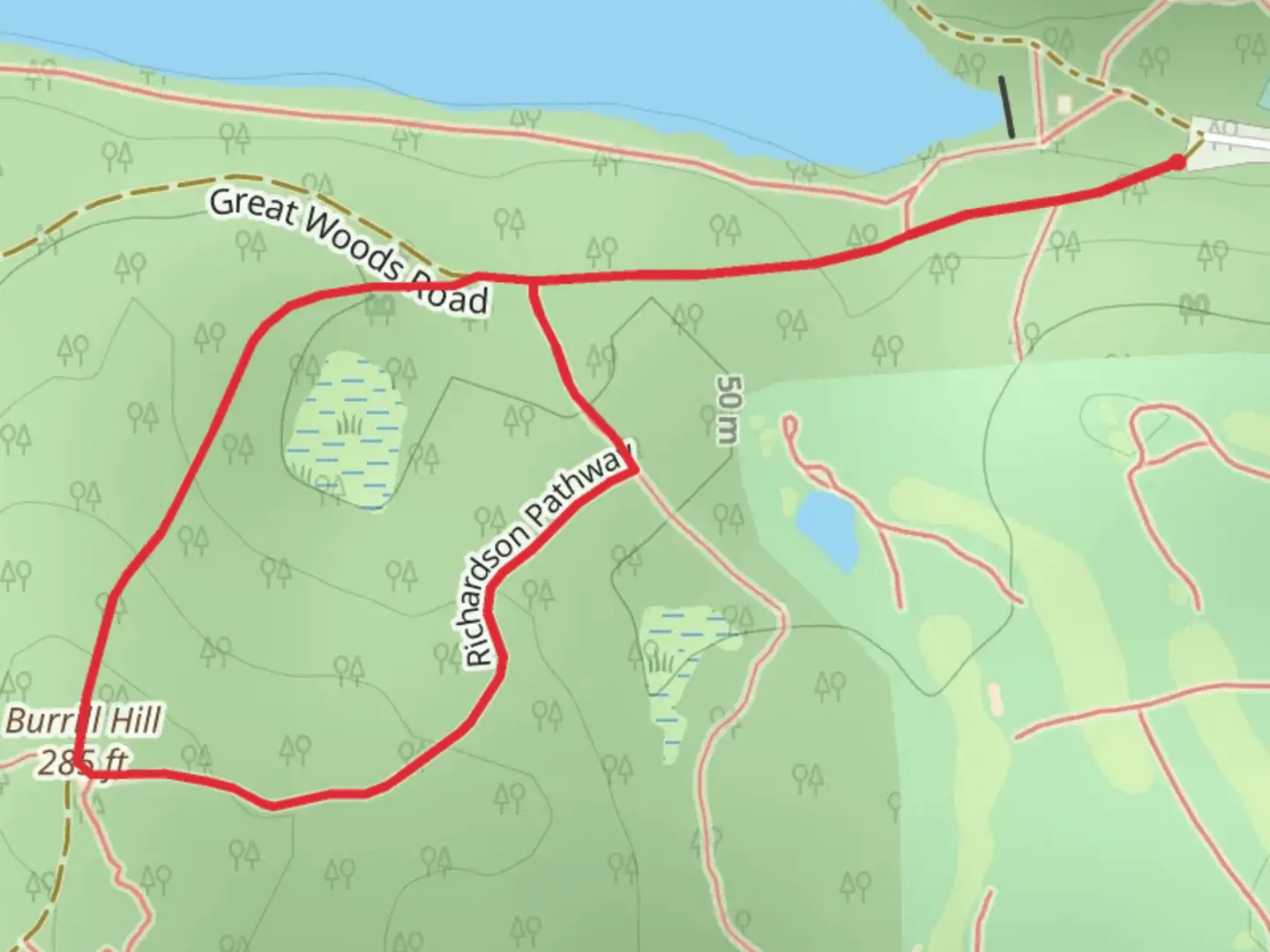 An image depicting the trail Burrill Hill via Richardson Pathway and Great Woods Road and its surrounding area.