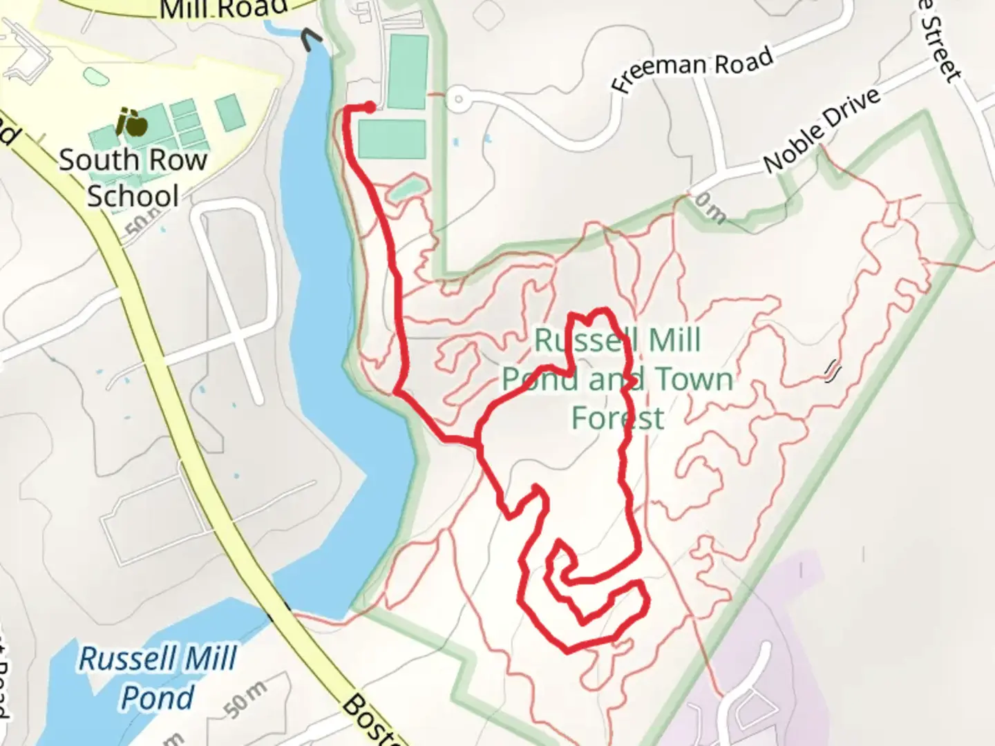 An image depicting the trail Russell Mill Pond and its surrounding area.