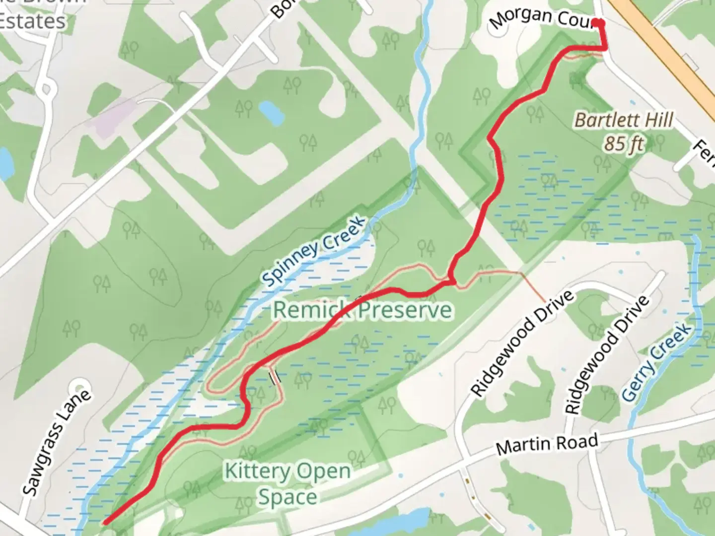 An image depicting the trail Remick Trail from Fernald Road and its surrounding area.
