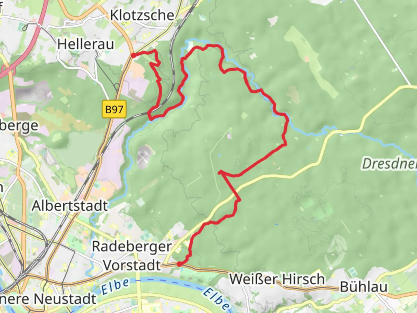 An image depicting the trail Dresdner Heide Walk via Priessnitzwasserfall and its surrounding area.