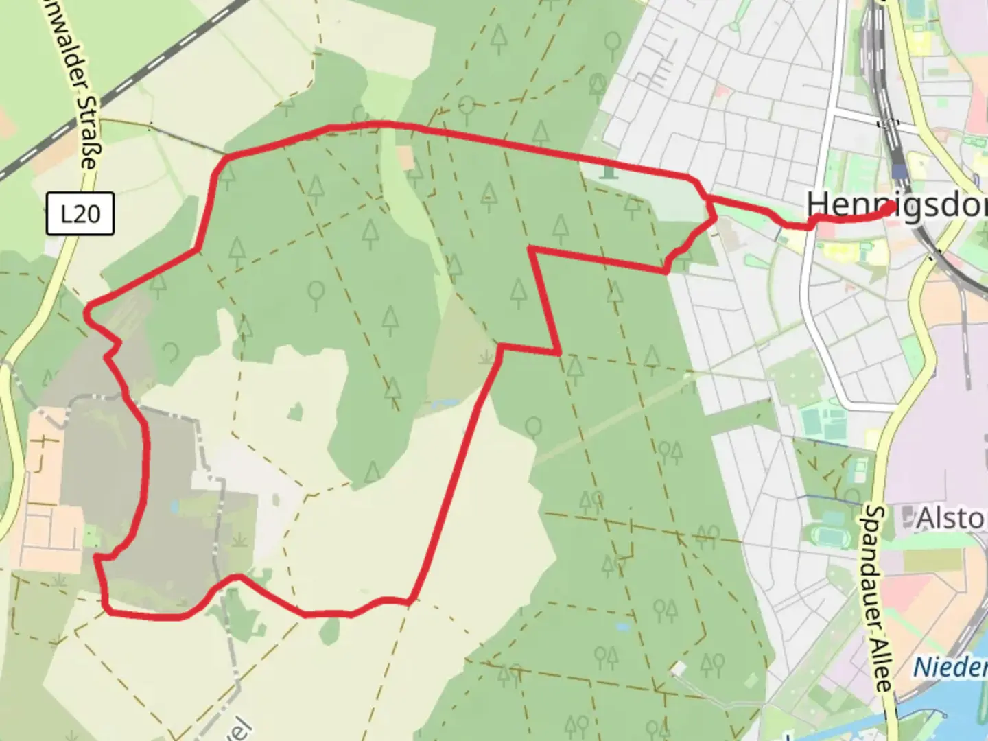 An image depicting the trail Pilgerweg Berlin - Bad Wilsnack and 66 Seen Wanderweg and its surrounding area.