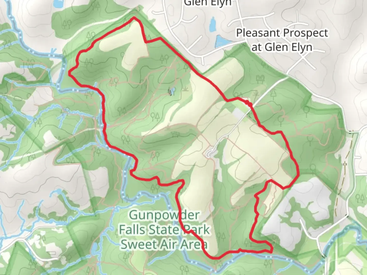 An image depicting the trail Boundary Trail - blue and Little Gunpowder Loop Trail and its surrounding area.