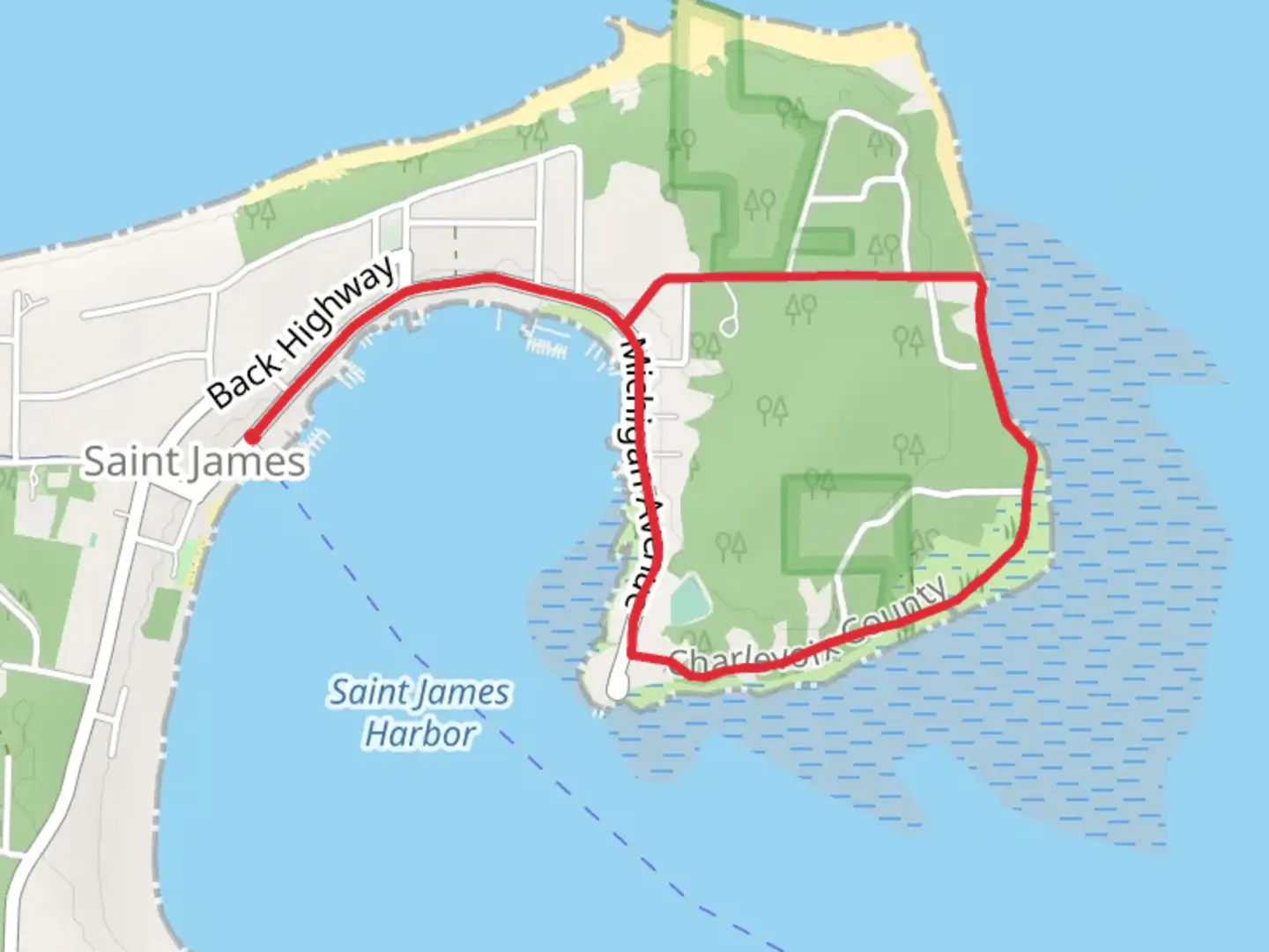An image depicting the trail Lake Drive and Gull Harbor Drive Loop and its surrounding area.