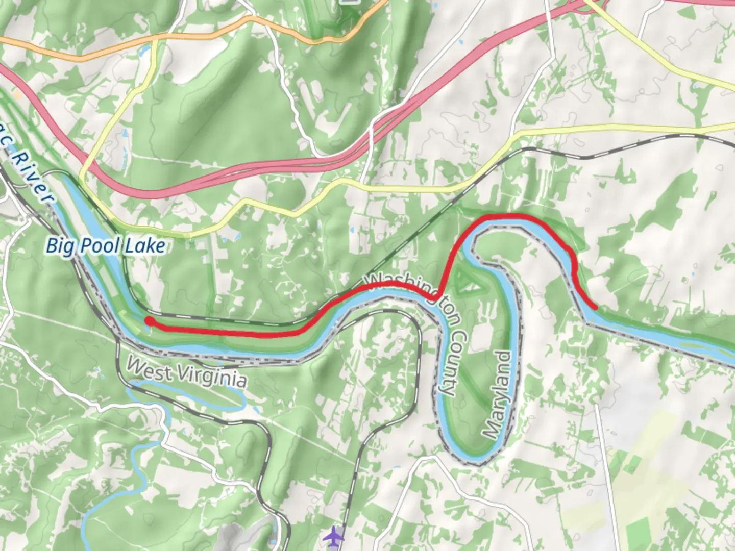 An image depicting the trail Chesapeake and Ohio Canal Trail from Beaver Pond and its surrounding area.