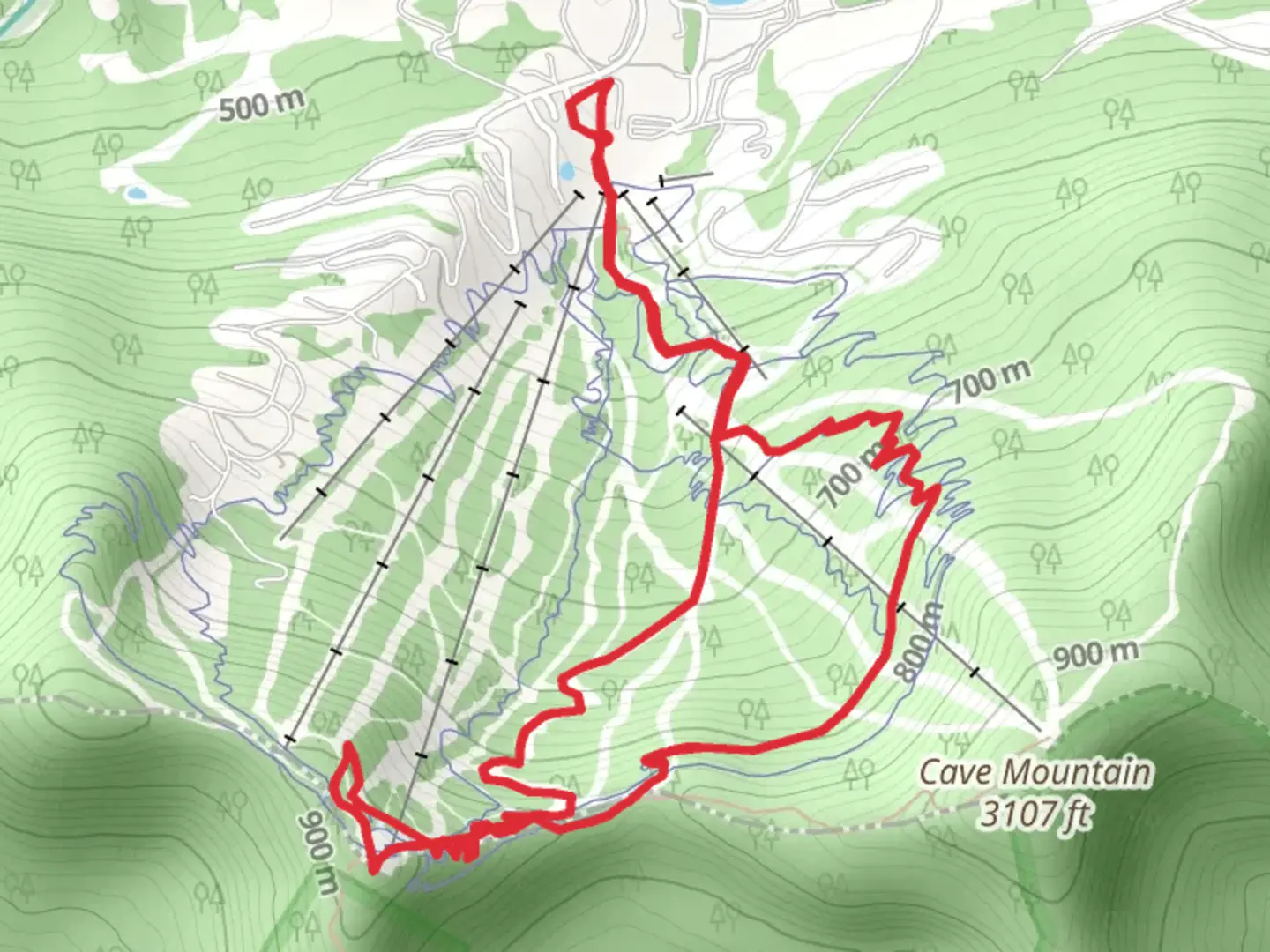 An image depicting the trail Cave Mountain Loop from Clarence D Lane Road and its surrounding area.