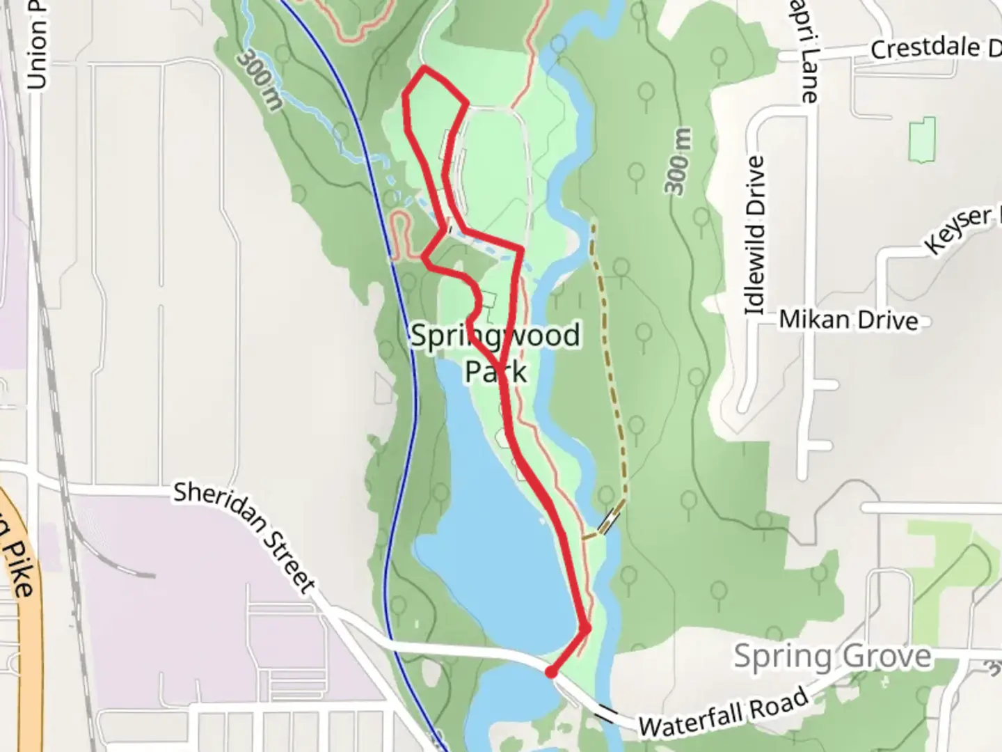 An image depicting the trail Springwood Park Loop and its surrounding area.