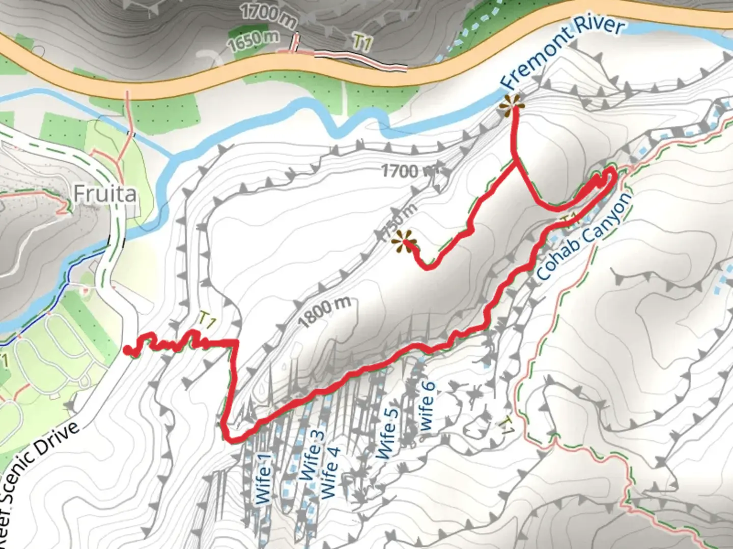 An image depicting the trail Cohab Canyon Trail and Fruita Overlook Trail and its surrounding area.