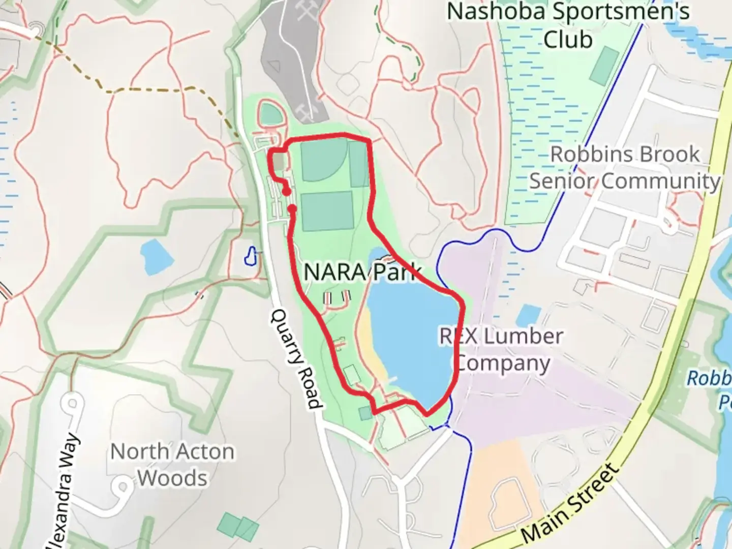 An image depicting the trail Nara Pond and Nara Park Loop and its surrounding area.