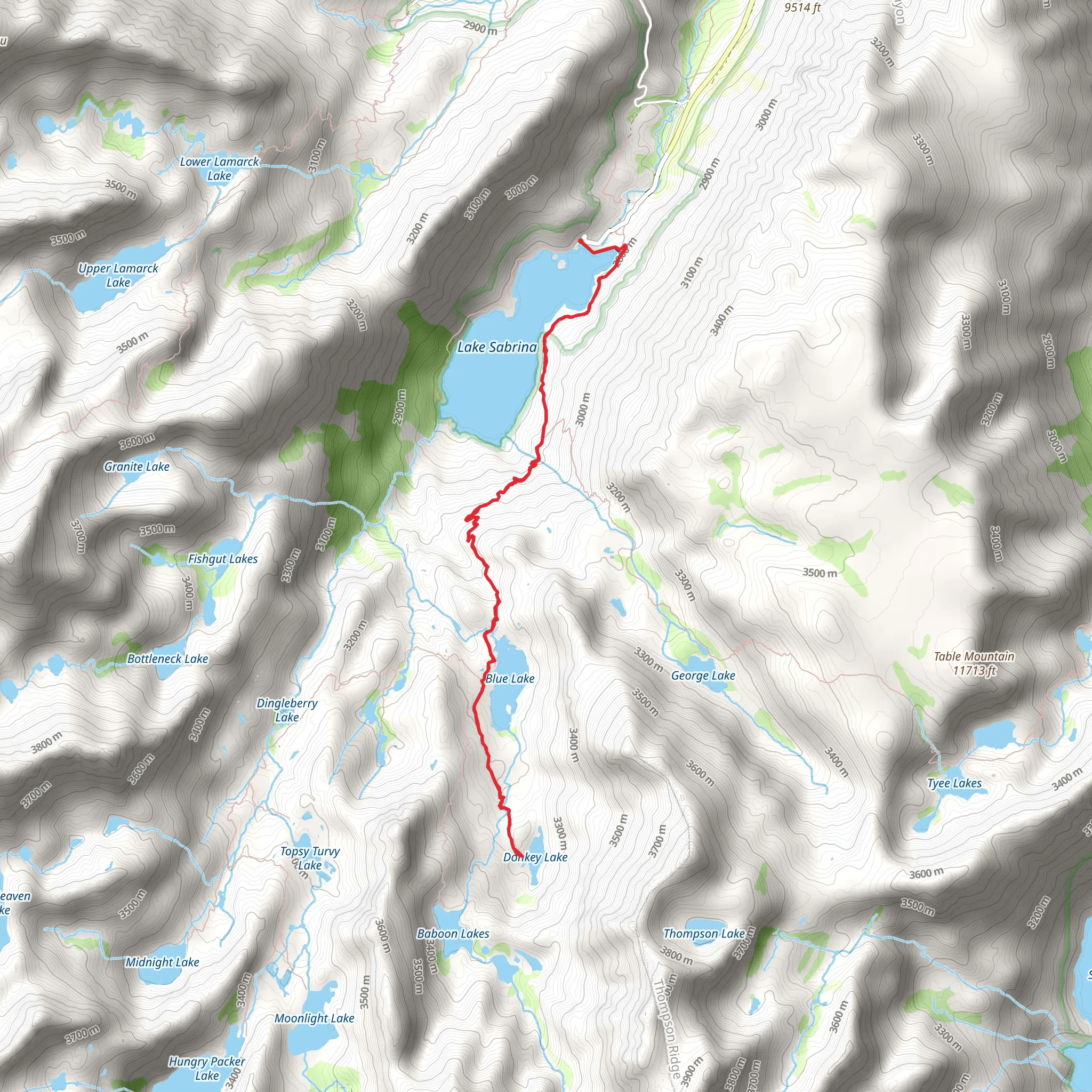 Donkey, Sabrina and Blue Lakes via Sabrina Basin Trail mobile static map