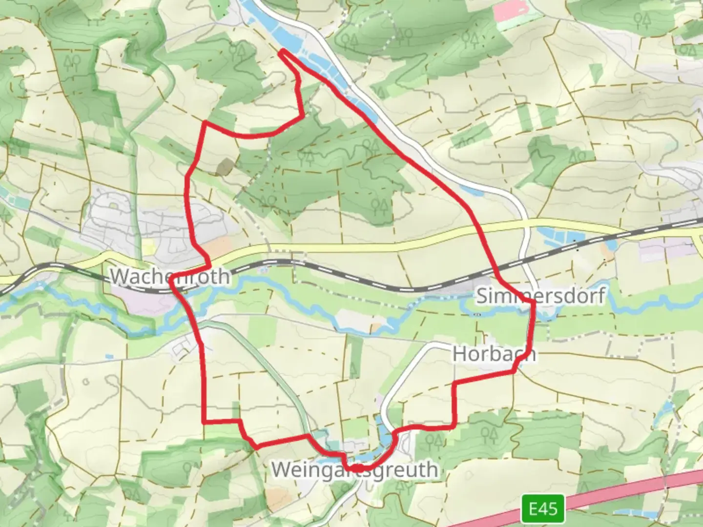 An image depicting the trail Weingartsgreuth W8 and its surrounding area.