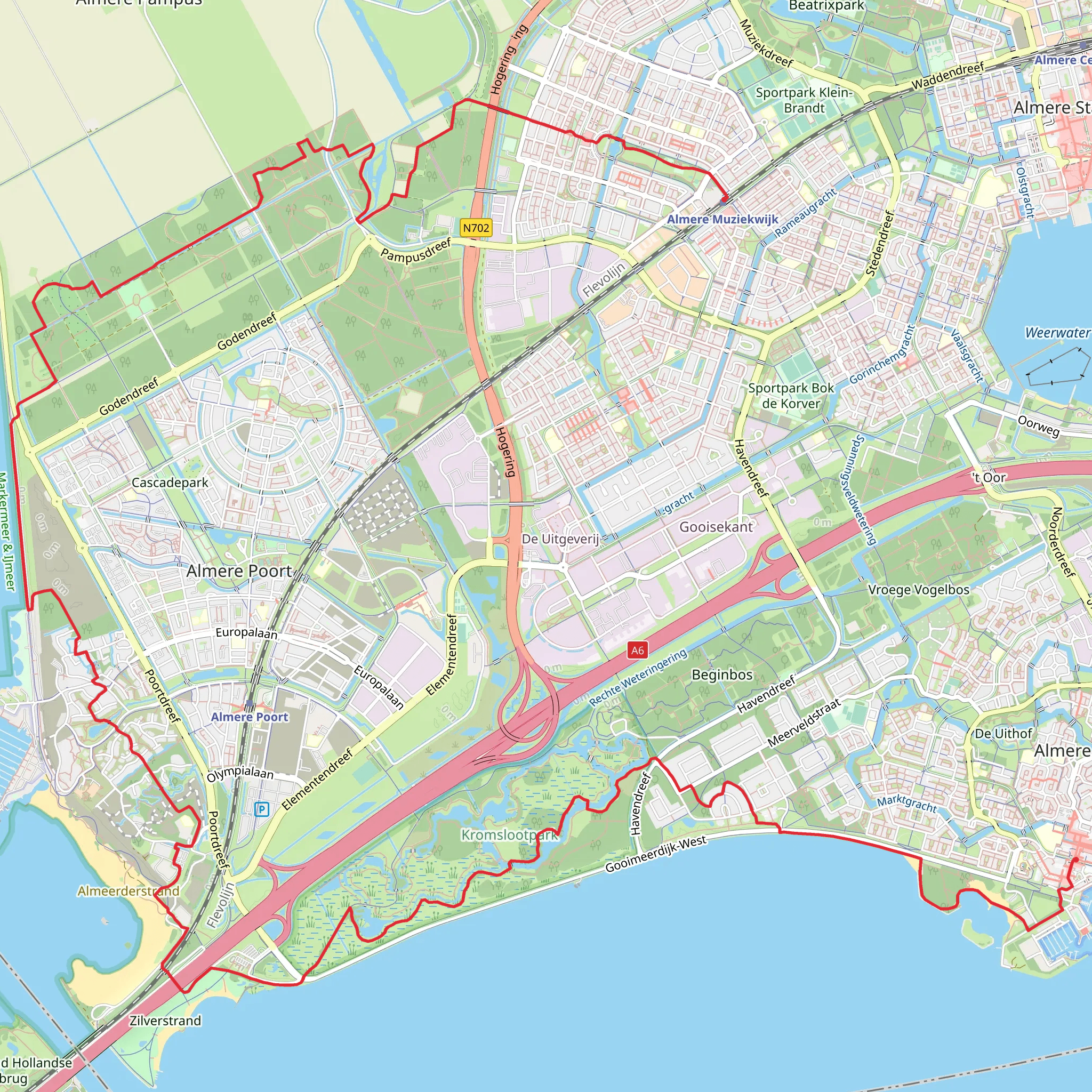 Almere Muziekwijk to Centrum via Ijmeerdijk and Gooimeerdijk mobile static map