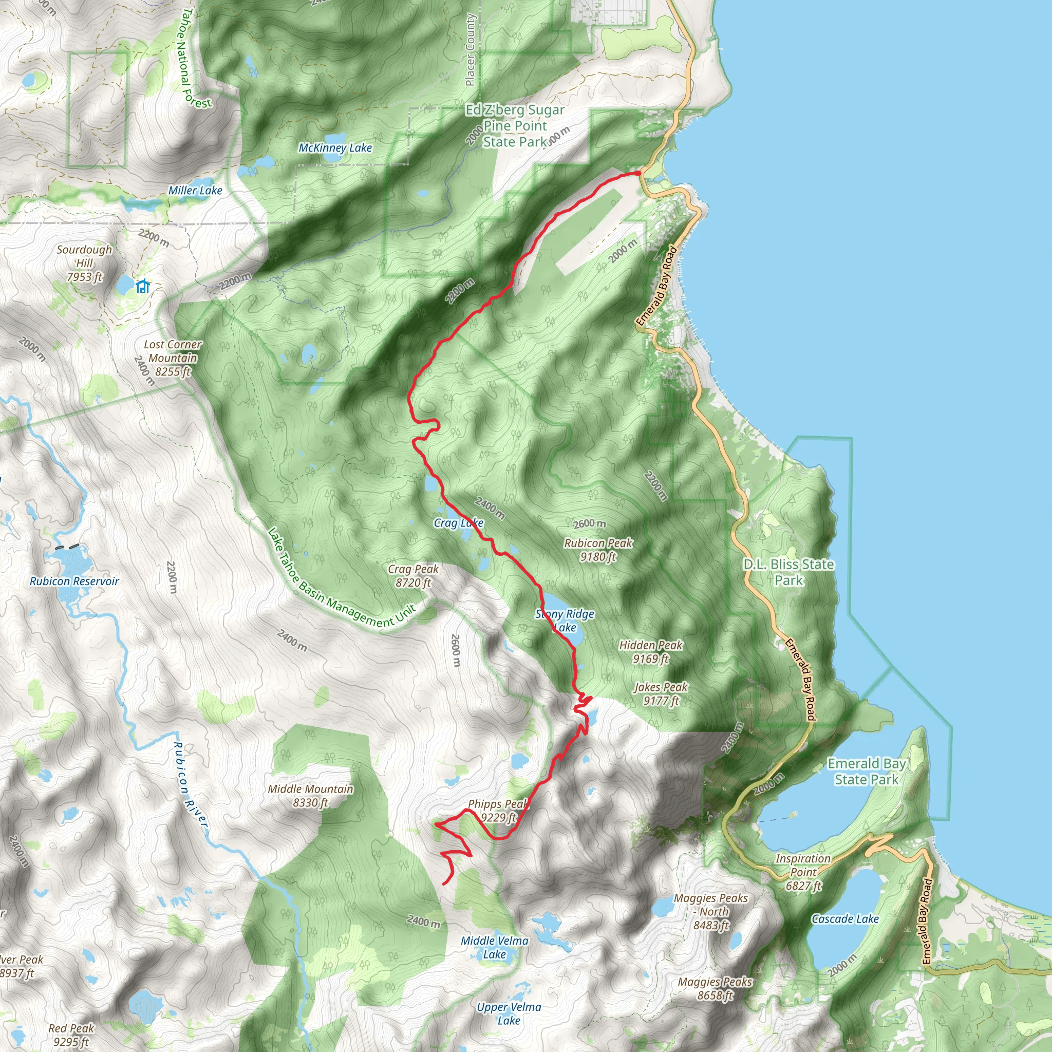 Stony Ridge Lake and Rubicon Lake via Tahoe Yosemite Trail mobile static map