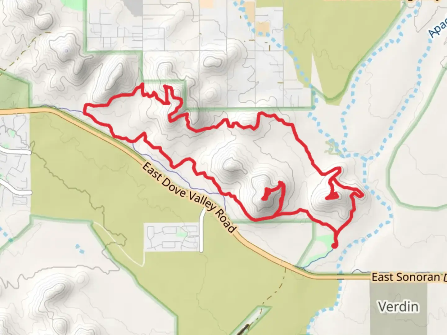 An image depicting the trail Sidewinder, Apache Vista, Ocotillo and Ridgeback Overlook Loop Trail and its surrounding area.