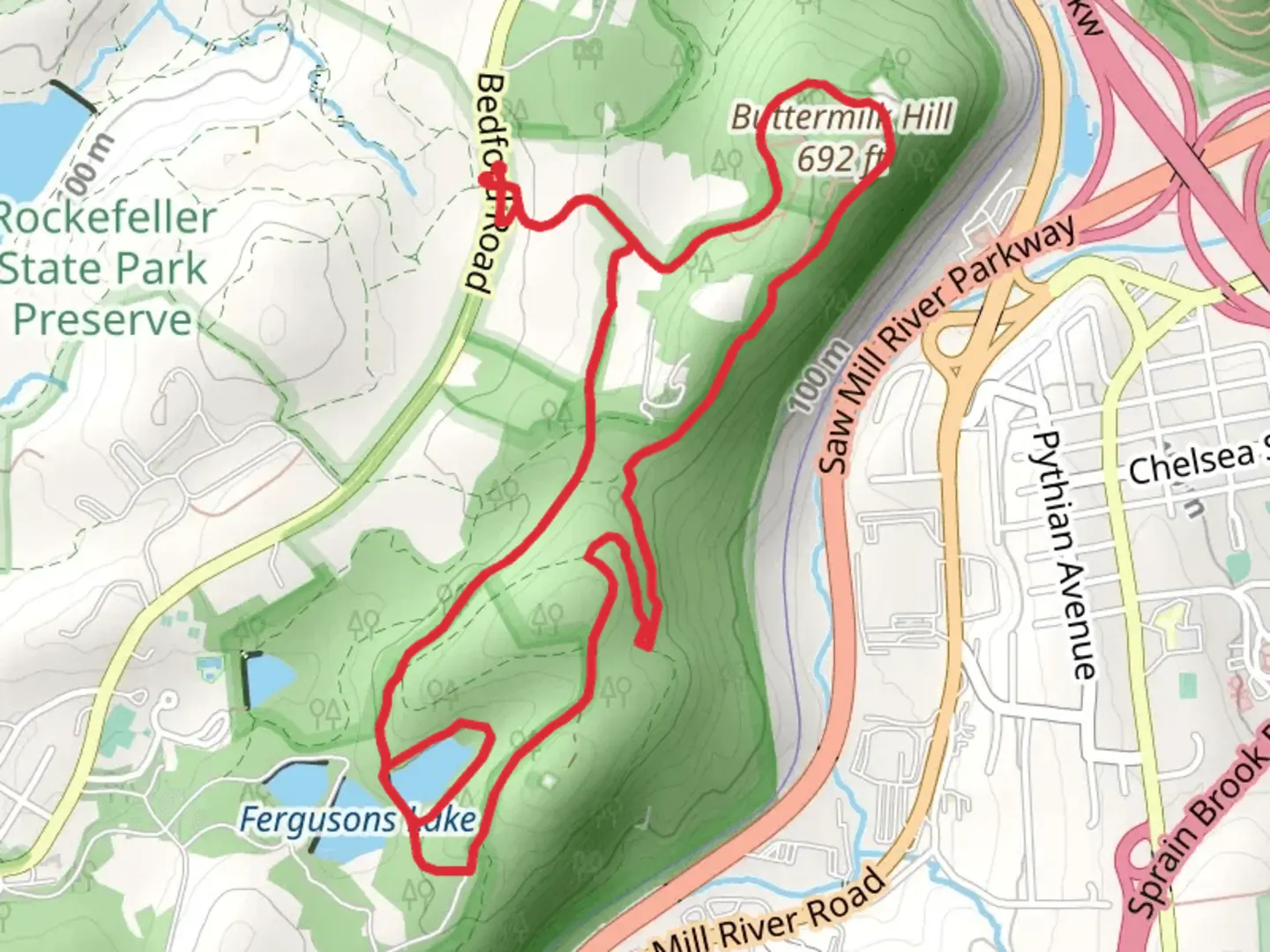 An image depicting the trail Buttermilk Hill and Ferguson Lake Loop via Perry Road and Old Orchard Trail and its surrounding area.