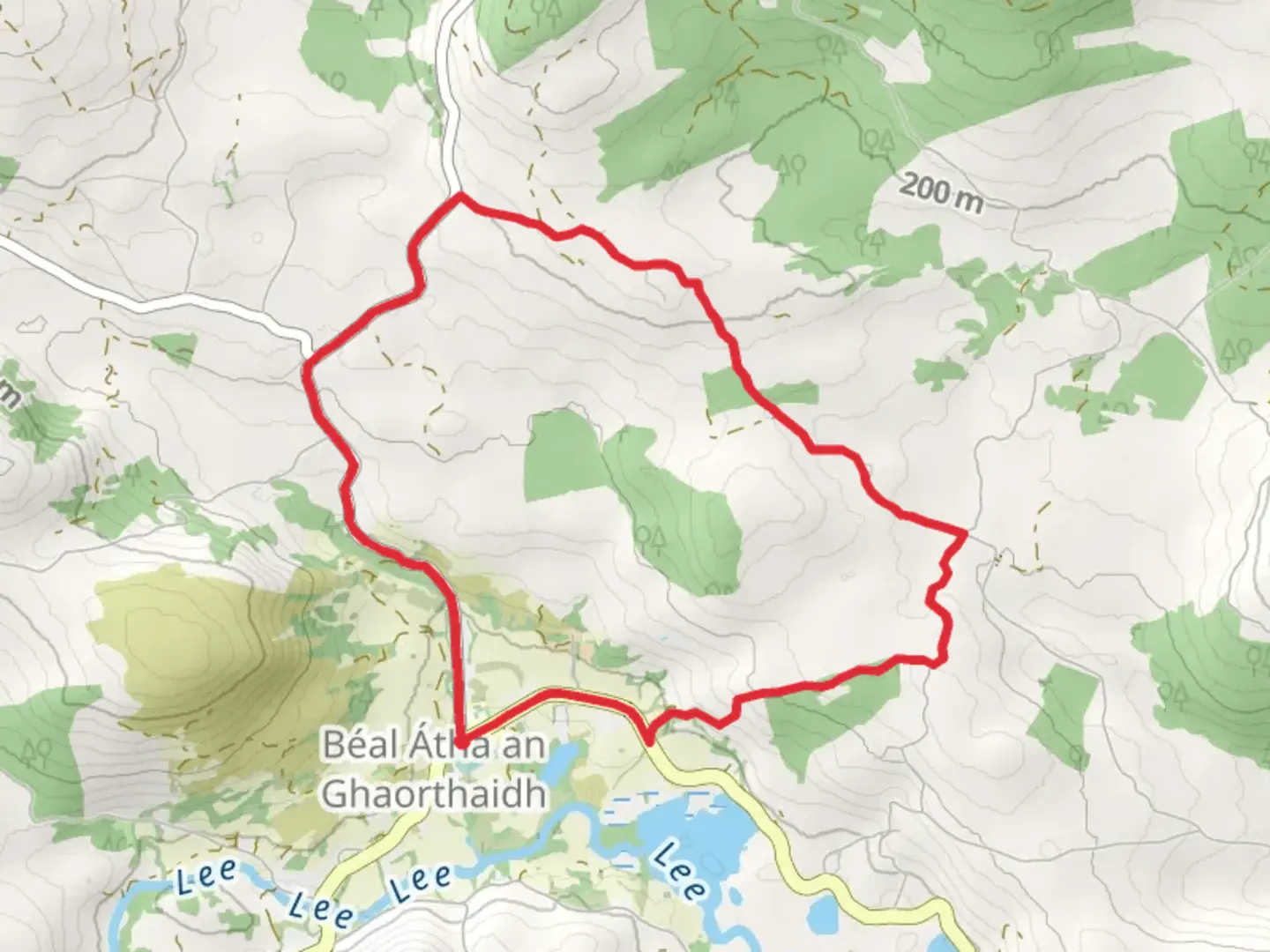 An image depicting the trail Ballingeary Loops – Eachros Loop and its surrounding area.