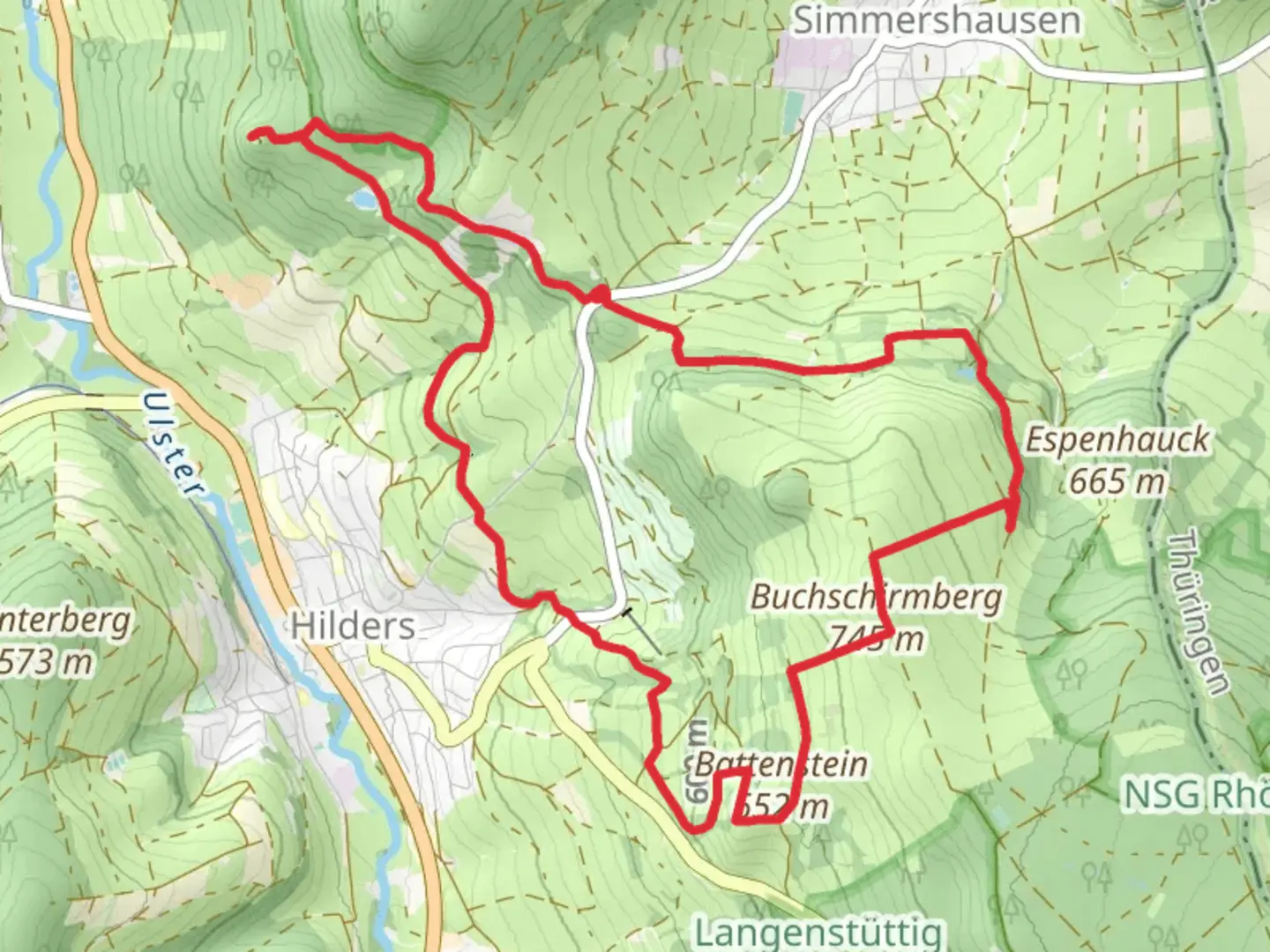 An image depicting the trail Buttenstein, Buchschirmberg and Angelweiher ASV via Extratour Der Hilderser and its surrounding area.