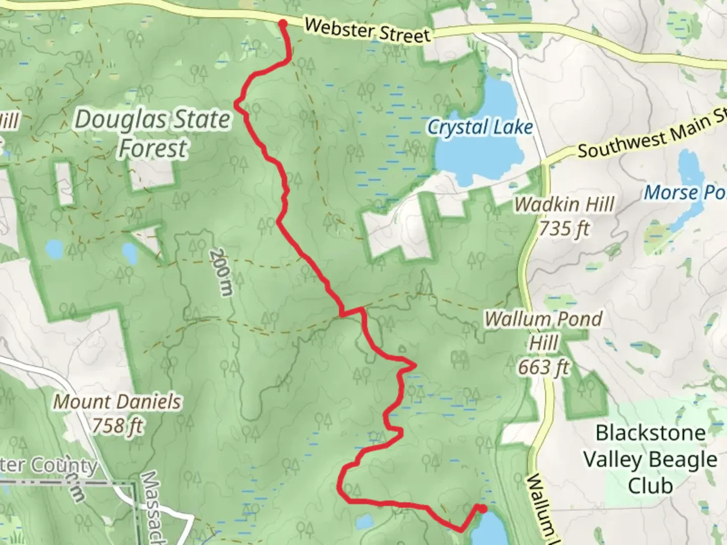 An image depicting the trail Midstate Trail from Wallum Lake to Webster Street and its surrounding area.