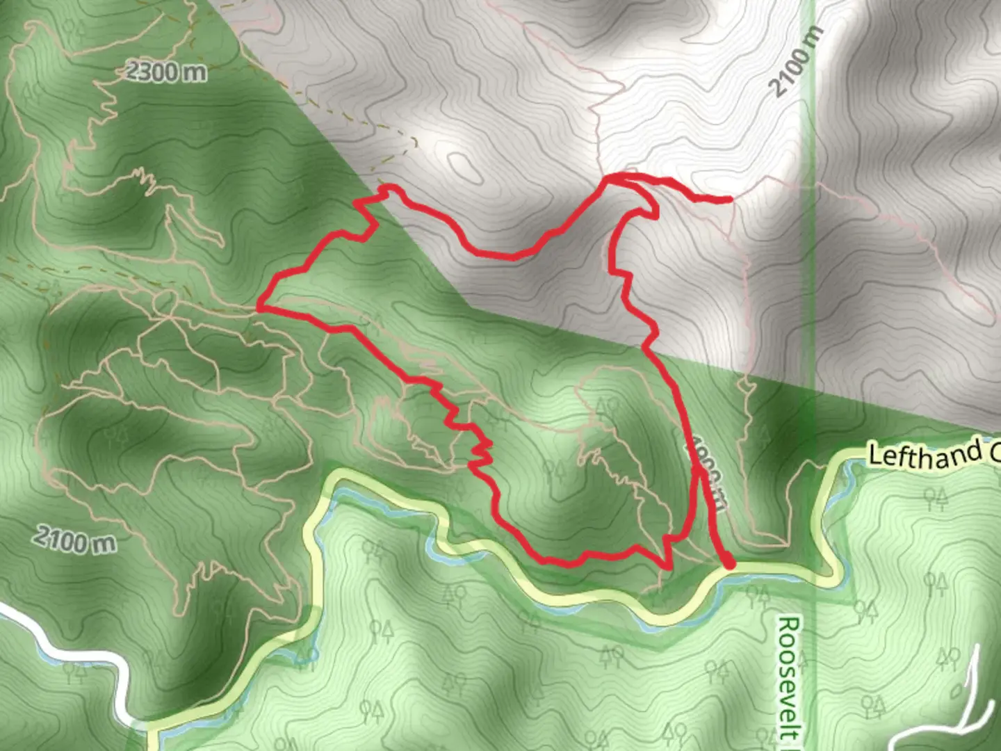 An image depicting the trail Baughmans Gulley Single Track and Left Hand Main Loop Trail and its surrounding area.