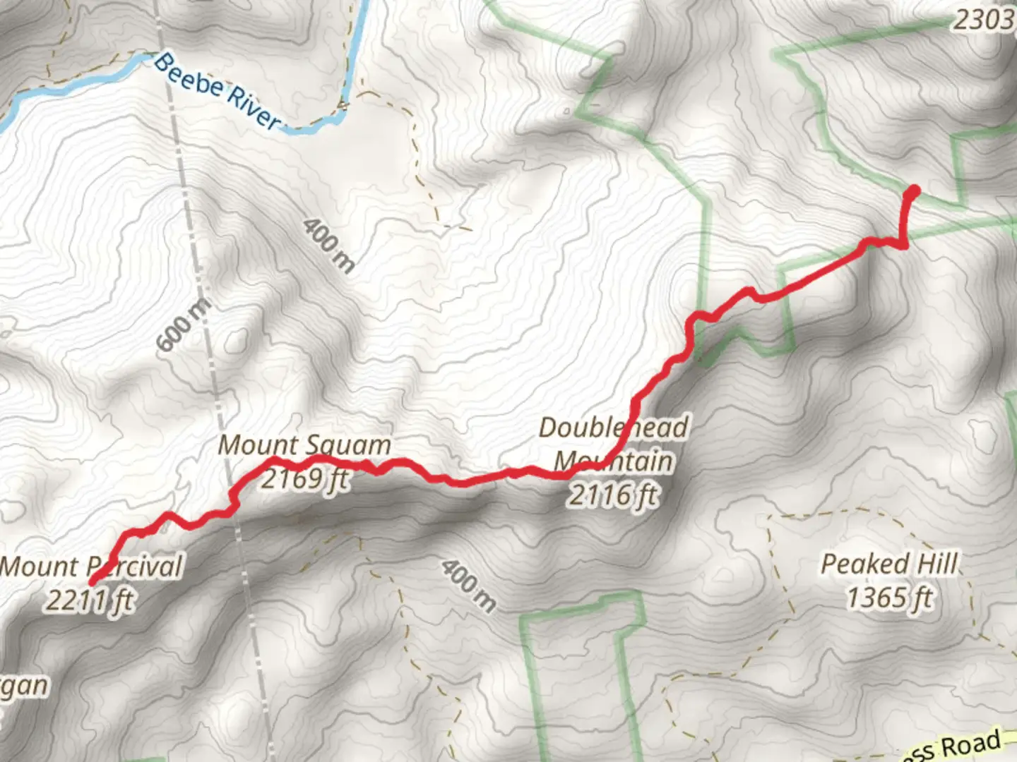 An image depicting the trail Doublehead Mountain, Mount Squam and Mount Percival Trail and its surrounding area.