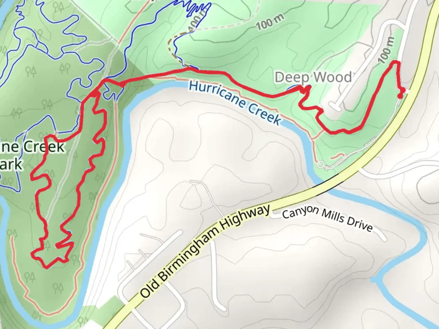 An image depicting the trail South Loop in Hurricane Creek Park and its surrounding area.
