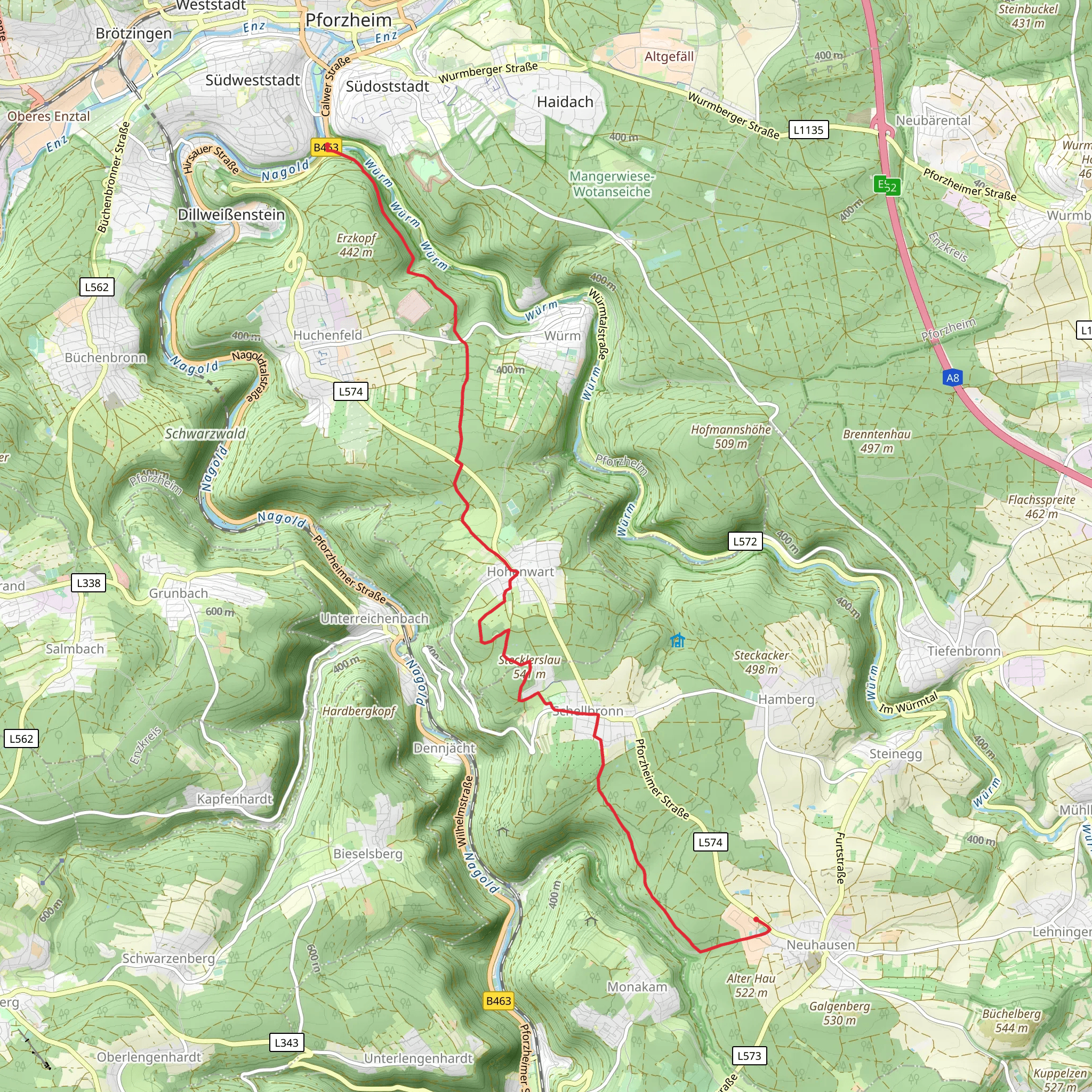 Pforzheim to Neuhausen via Kapellenweg mobile static map