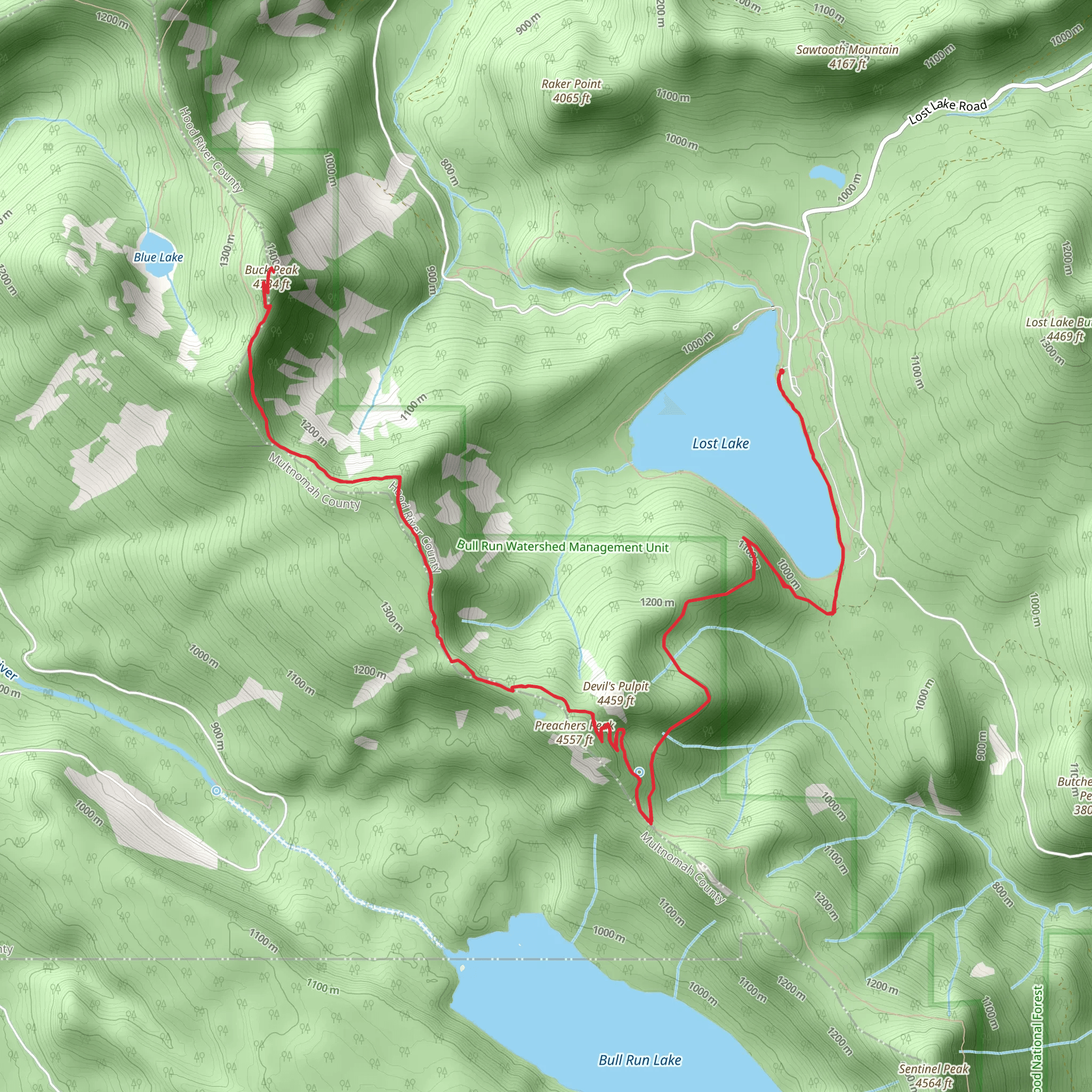 Buck Peak via Lakeshore and Huckleberry Mountain Trail mobile static map