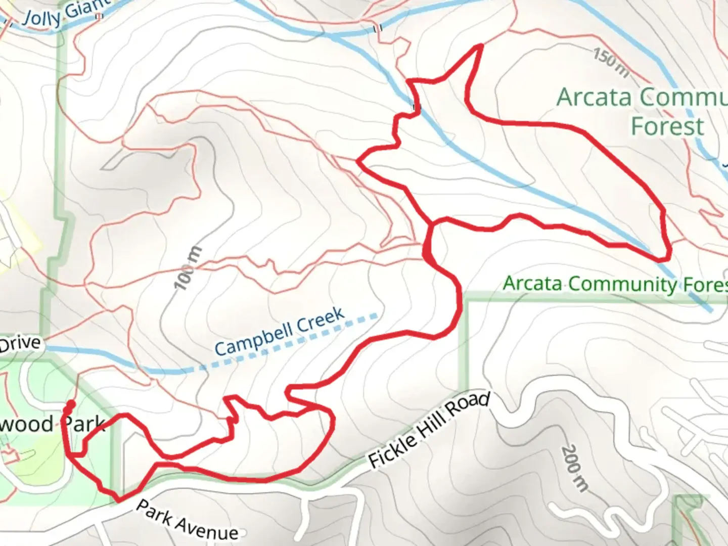 An image depicting the trail Redwood Park Road, Fickle Hill Grade and Community Forest Loop and its surrounding area.